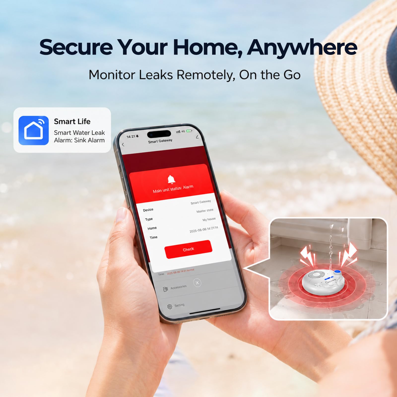 Rilevatore di perdite d'acqua, multipunto, allarme APP, sensore d'acqua wireless conforme allo standard IP67 e allarme gocciolamento per casa, cantina e bagno (4)