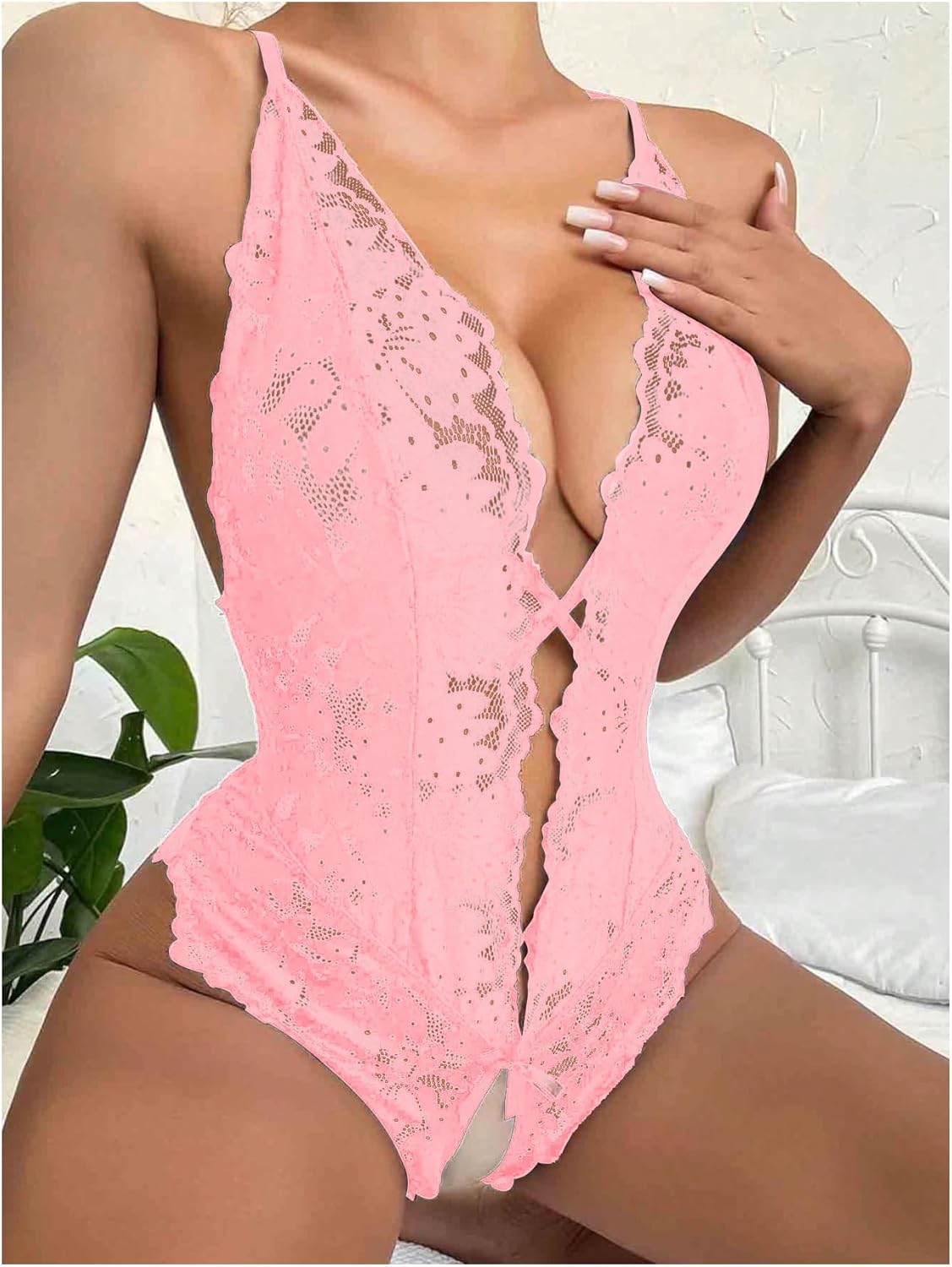 SOLY HUX Women's One Piece Lingerie Sexy Lace Babydoll Deep V Teddy Criss Cross Backless Teddy Mini Bodysuit - Image 2