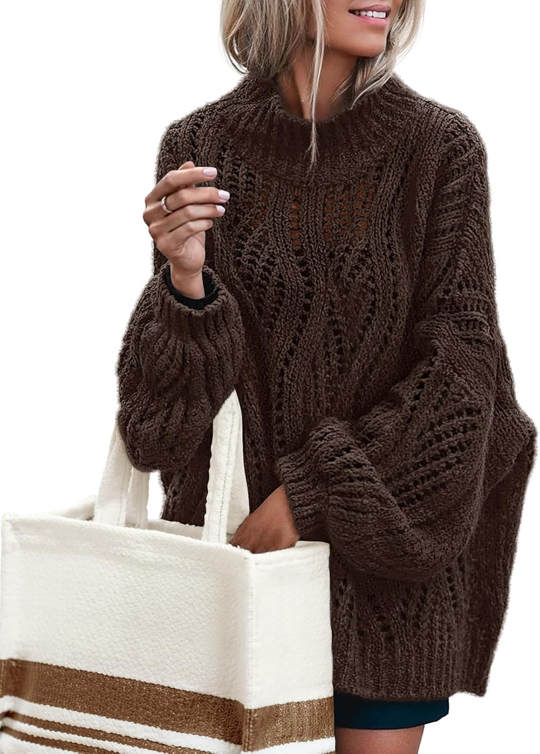 MEROKEETY Fall Sweaters for Women 2025 Oversized Pullover Crochet Lantern Long Sleeve Mock Neck Casual Loose Tops