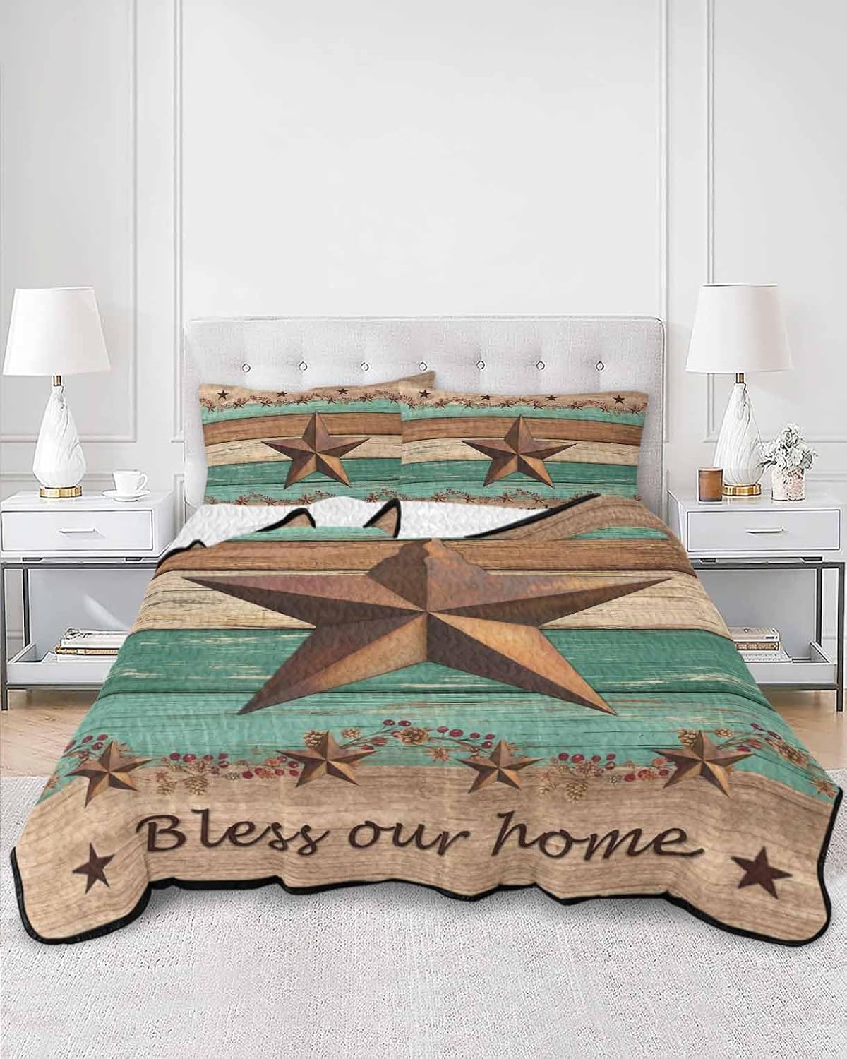 Full Size Quilt Set, Vintage Country Star Berry Lightweight Bedspread Coverlet Set Soft Microfiber Summer Quilt with 2 Pillow Shams, Farmhouse Retro Wood Board 3 Piece Comforter Bedding Set