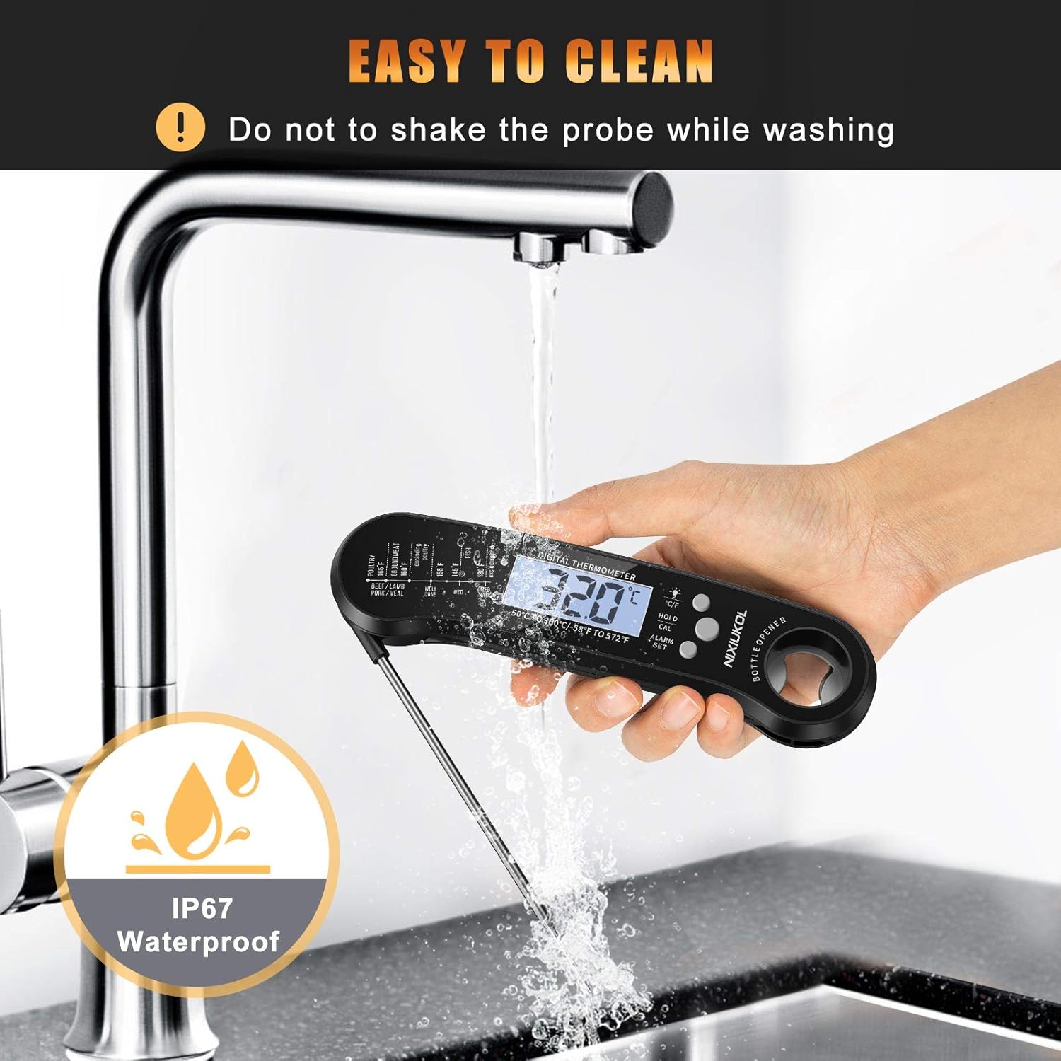 NIXIUKOL Digital Meat Thermometer being rinsed under a faucet, demonstrating its IP67 waterproof feature.
