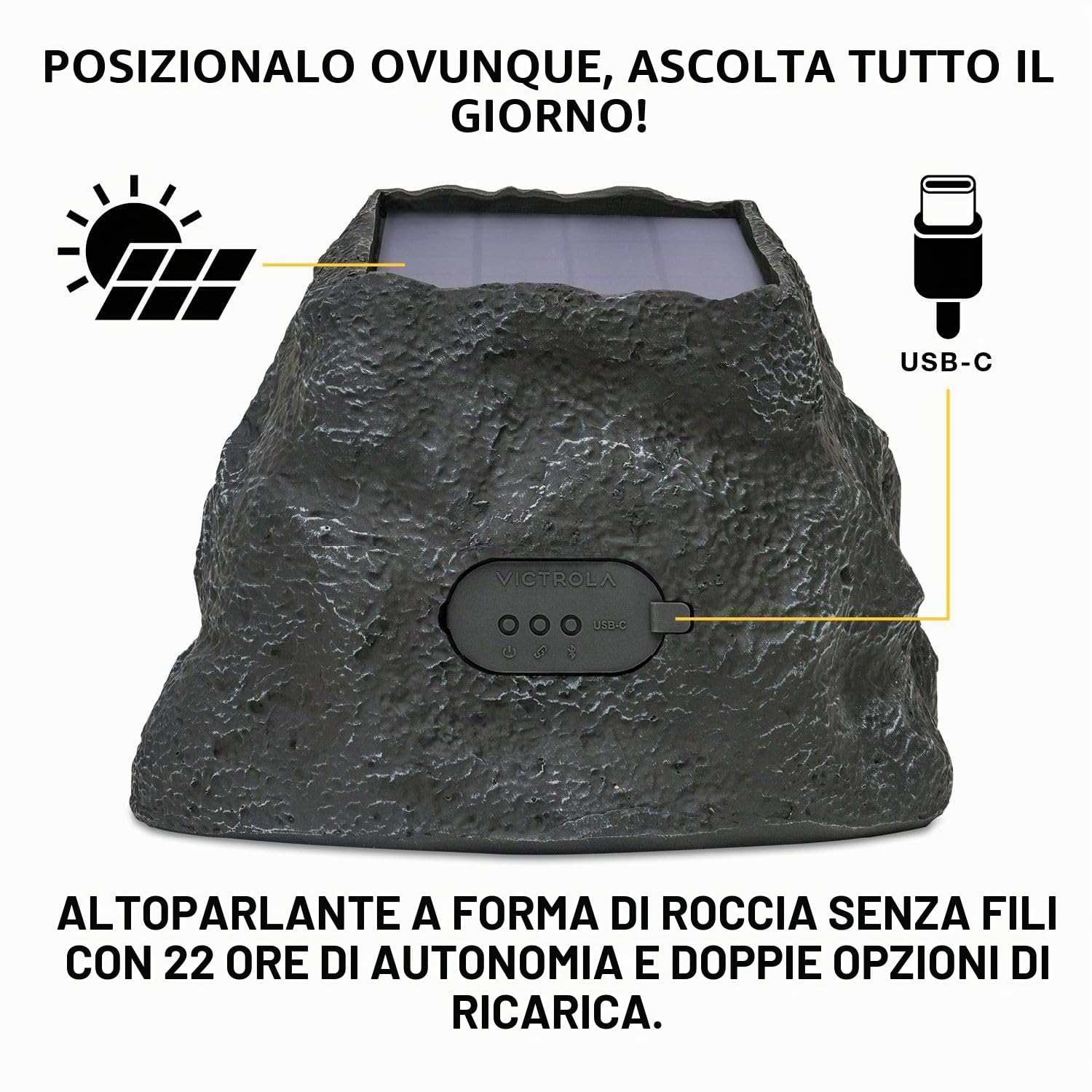VICTROLA Rock Speaker Connect – Altoparlante da esterno a forma di pietra con Bluetooth 5.3, 22 h di autonomia, ricarica solare, connessione multi-speaker e certificazione IP65 (Grigio pietra) | Altoparlante esterno a forma di roccia, Bluetooth 5.3, caric