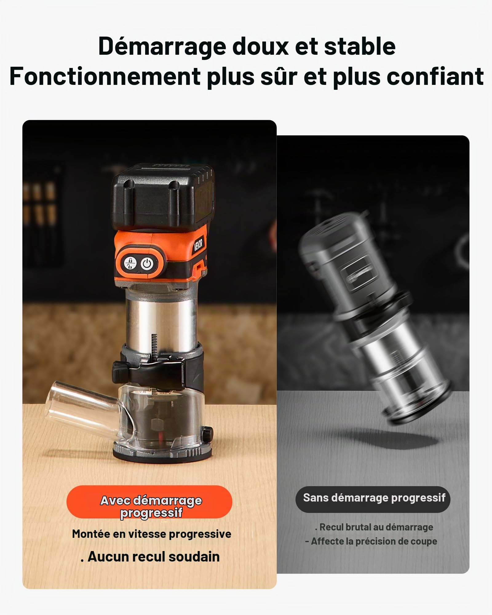 VEVOR Affleureuse sans Fil Moteur sans Balais Défonceuse Compacte 6 Vitesses Variables pour Travail Bois, Compatible avec Batterie 18 V Makita Non Incluse, avec Base Fixe, Capot d'Aspiration Poussière