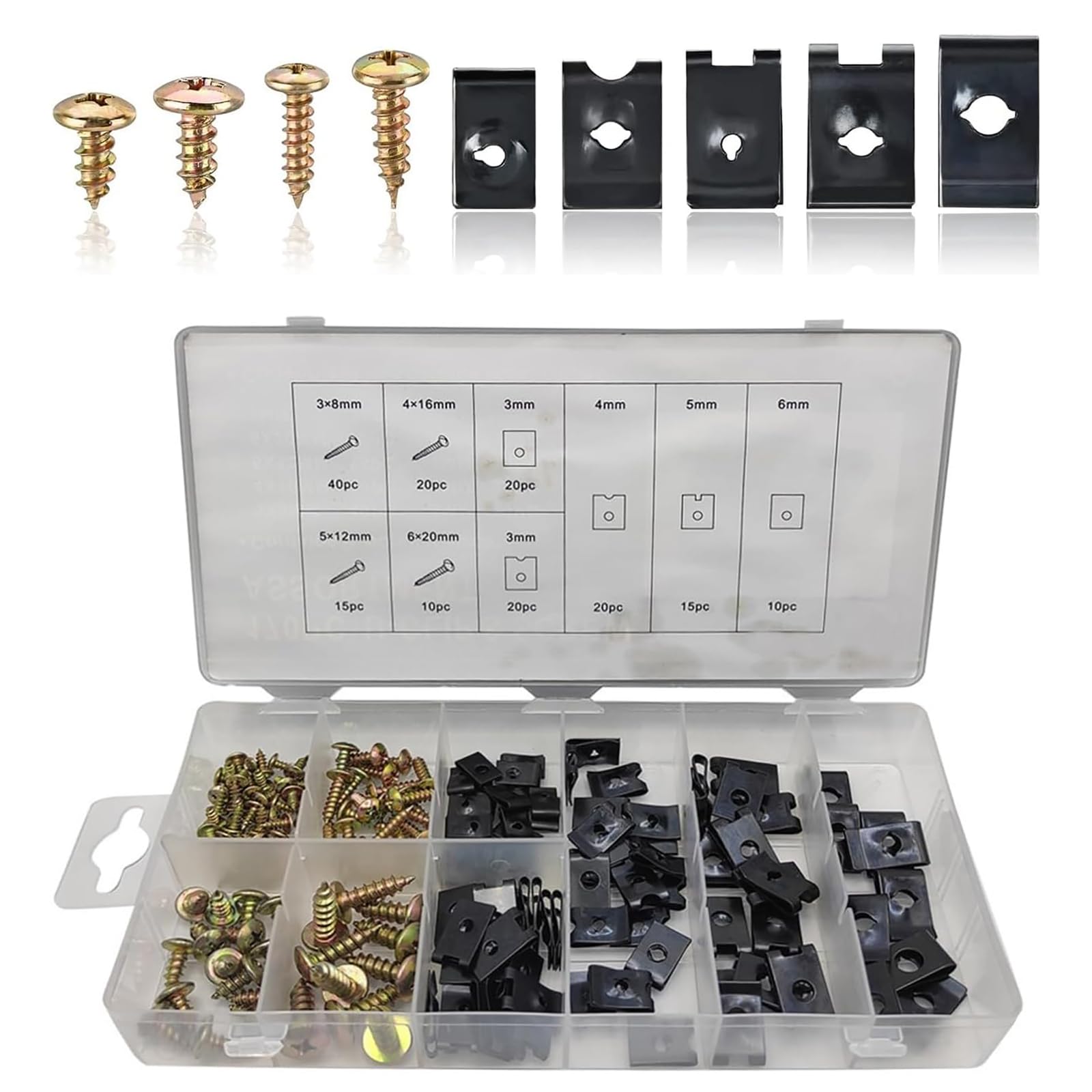 Nowkont Pack-170 Car Screw U-Shaped Clip Set, 4 SPEC Screws 5 SPEC U-Shaped Clip Classification Storage with Box, for Internal Engine Instrument Panel Fasteners, Uniuversal for Cars (Black & Gold)
