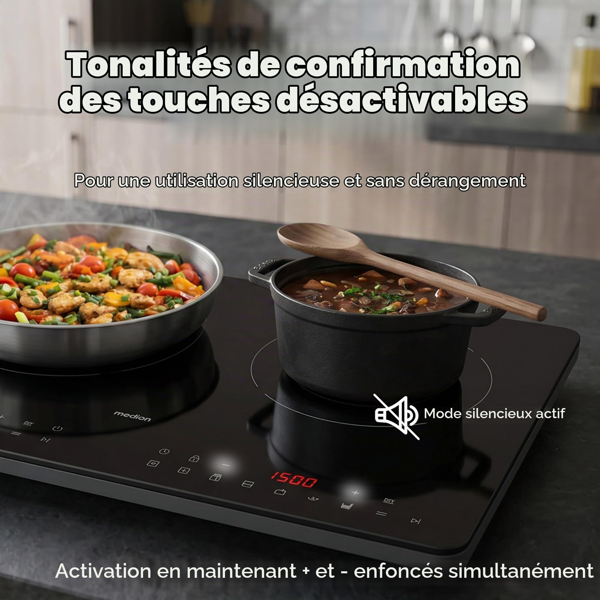 MEDION IC20D Plaque induction 2 foyers 3500 W extra plate | 8 programmes automatiques, mode DIY, écran LED, commande tactile, surface verre sans joint