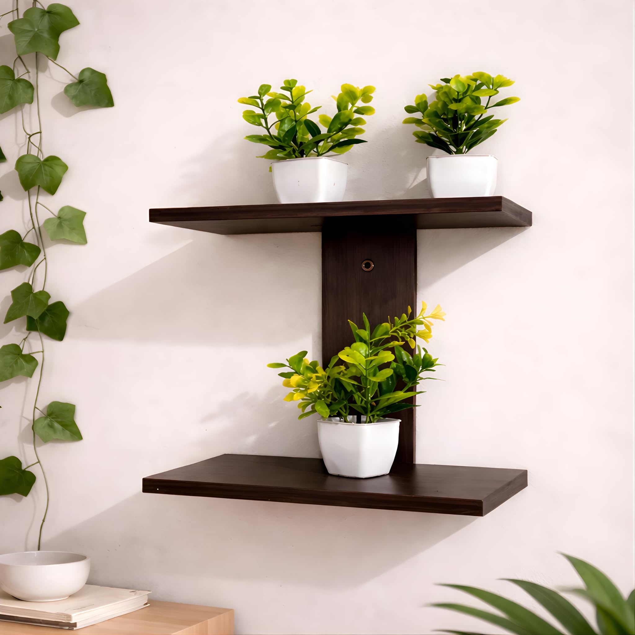 Wooden Wall Mount 2-Shelf TV Set-Top Box Stand, Wall Shelf for Living Room, Dark Brown-image-22