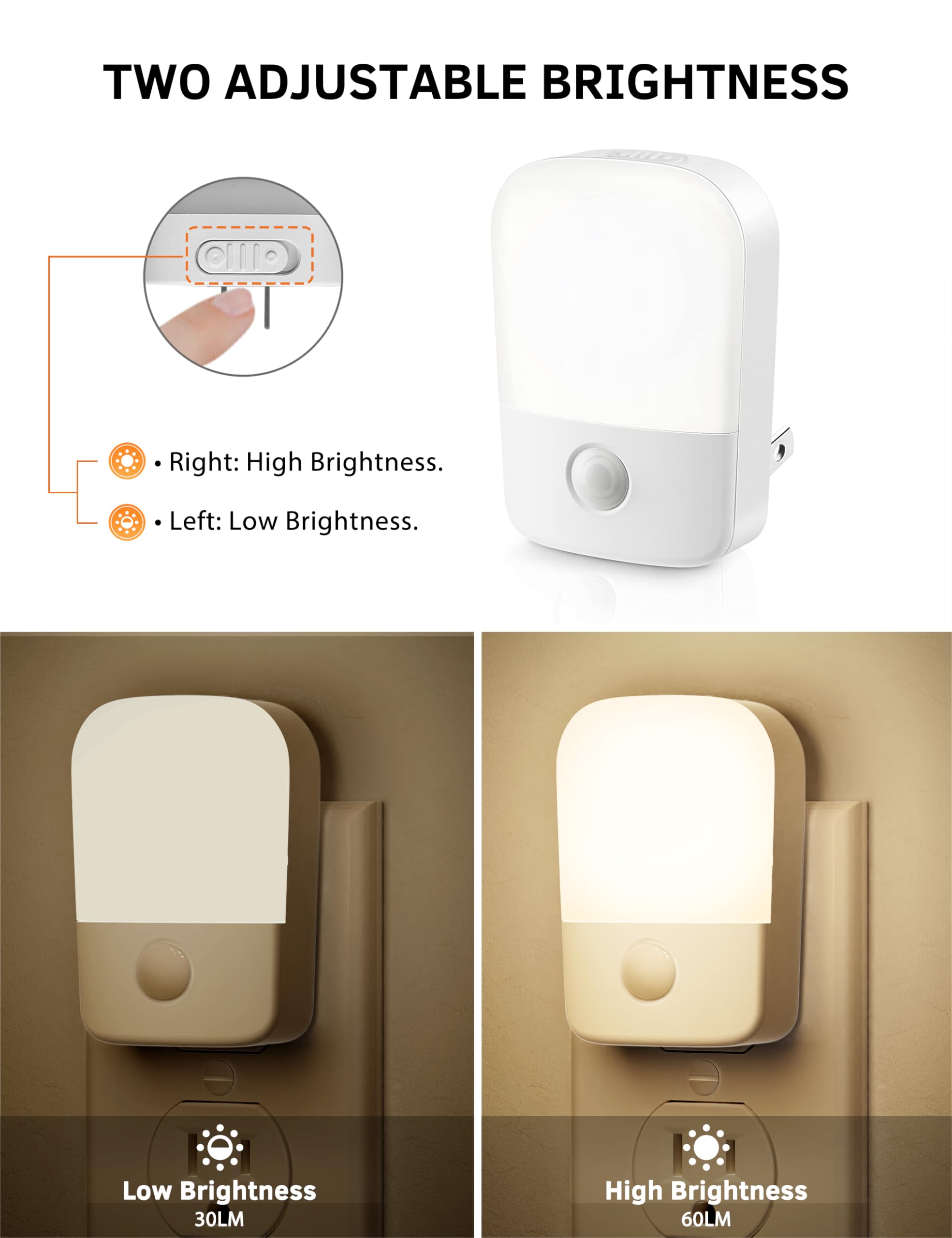 Specmsky Night Lights Plug into Wall[2 Pack], Night Light with Dusk to Dawn Sensor, 30/60LM Adjustable Brightness, 3000K Soft Warm Nightlights for Kids, Hallway, Bedroom, Bathroom and Kitchen