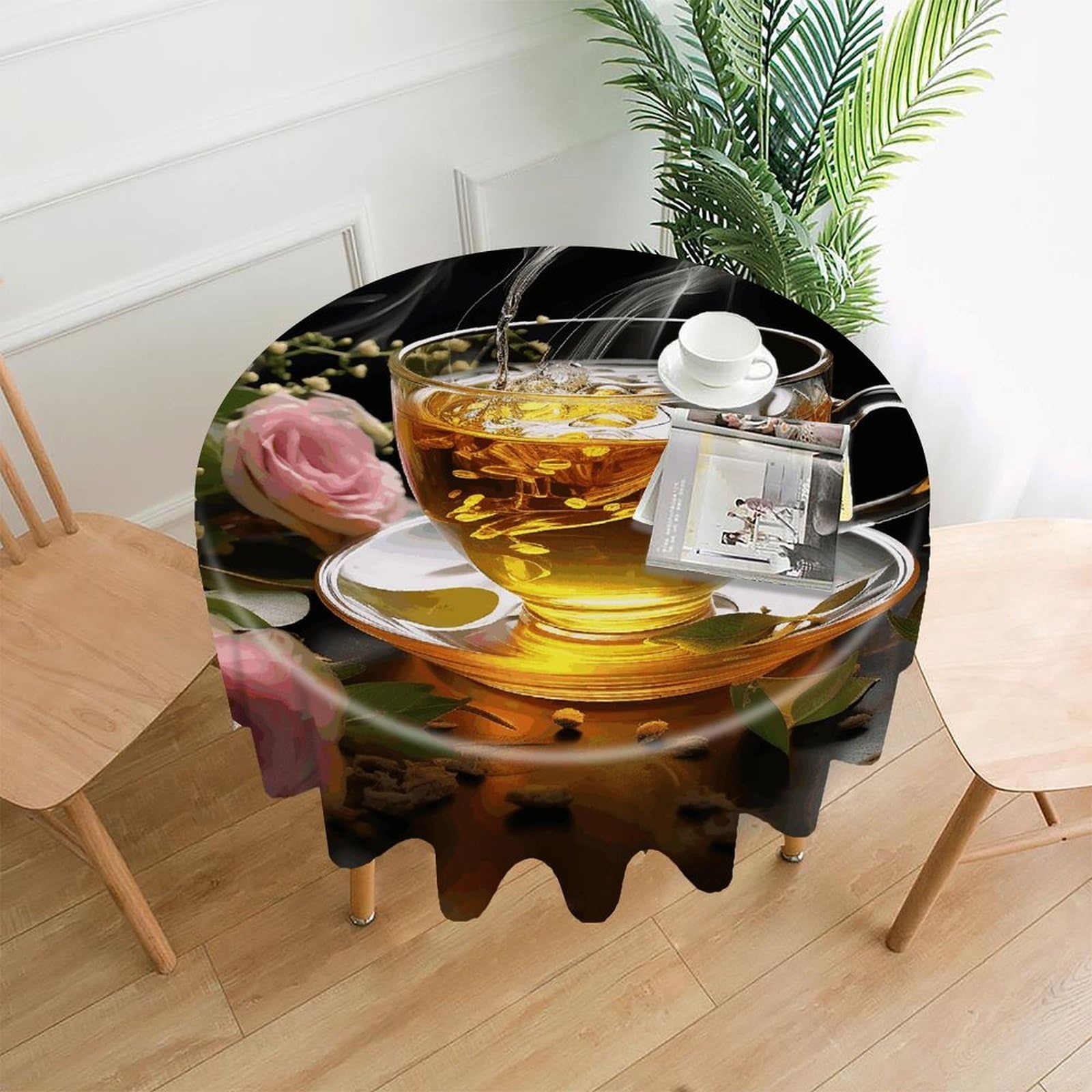 Cup of Tea Tablecloth Exquisite Wrinkle-Free Straight-Edge Round Table Cloth Anti-Fading Premium Polyester Tablecloth Waterproof Folding Table Cloths for Tables Decor