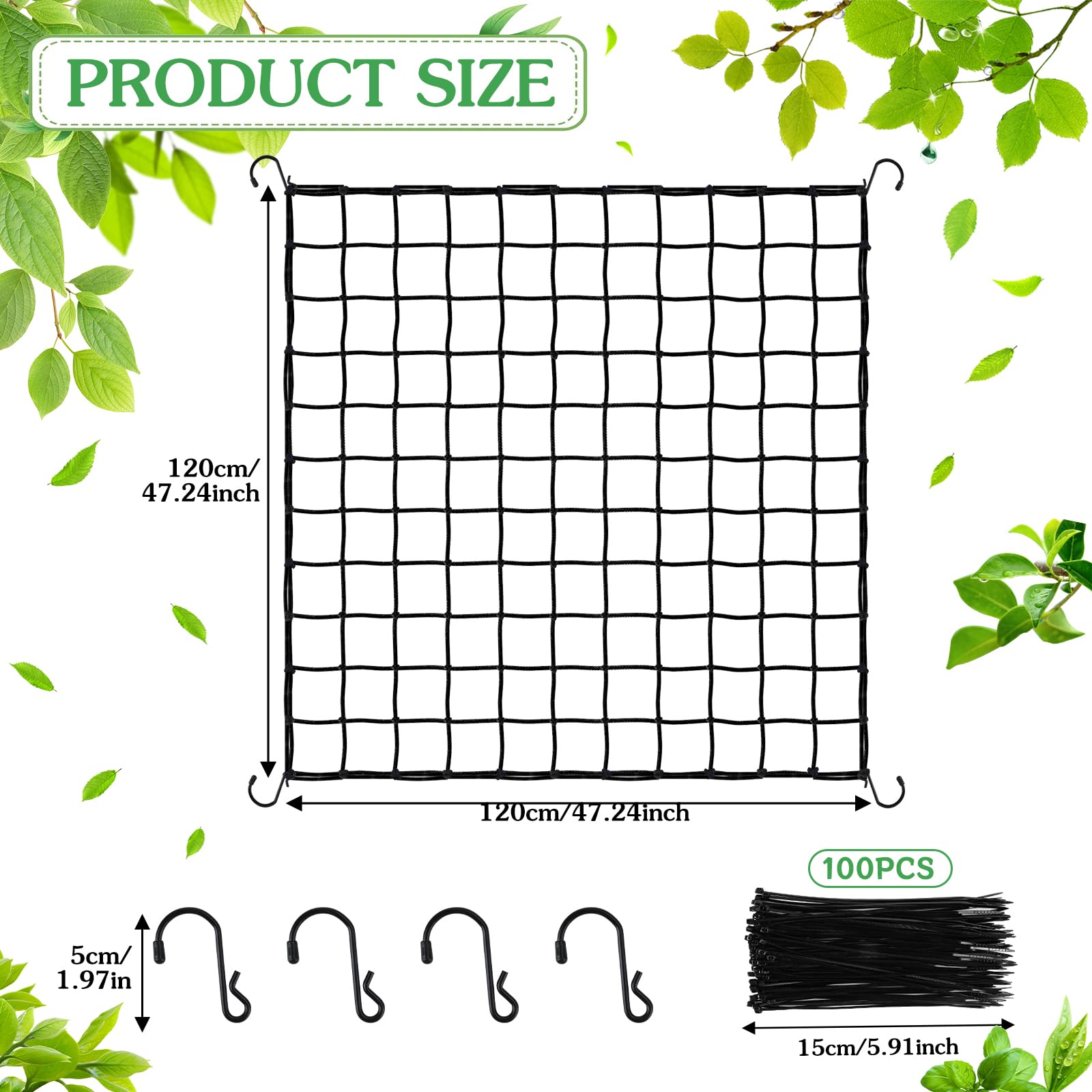 Filet De Culture SCROG 120x120 Cm - Élastique, Noir, Avec 4 Crochets Et 100 Attaches - Pour Plantes, Légumes, Fleurs - 4