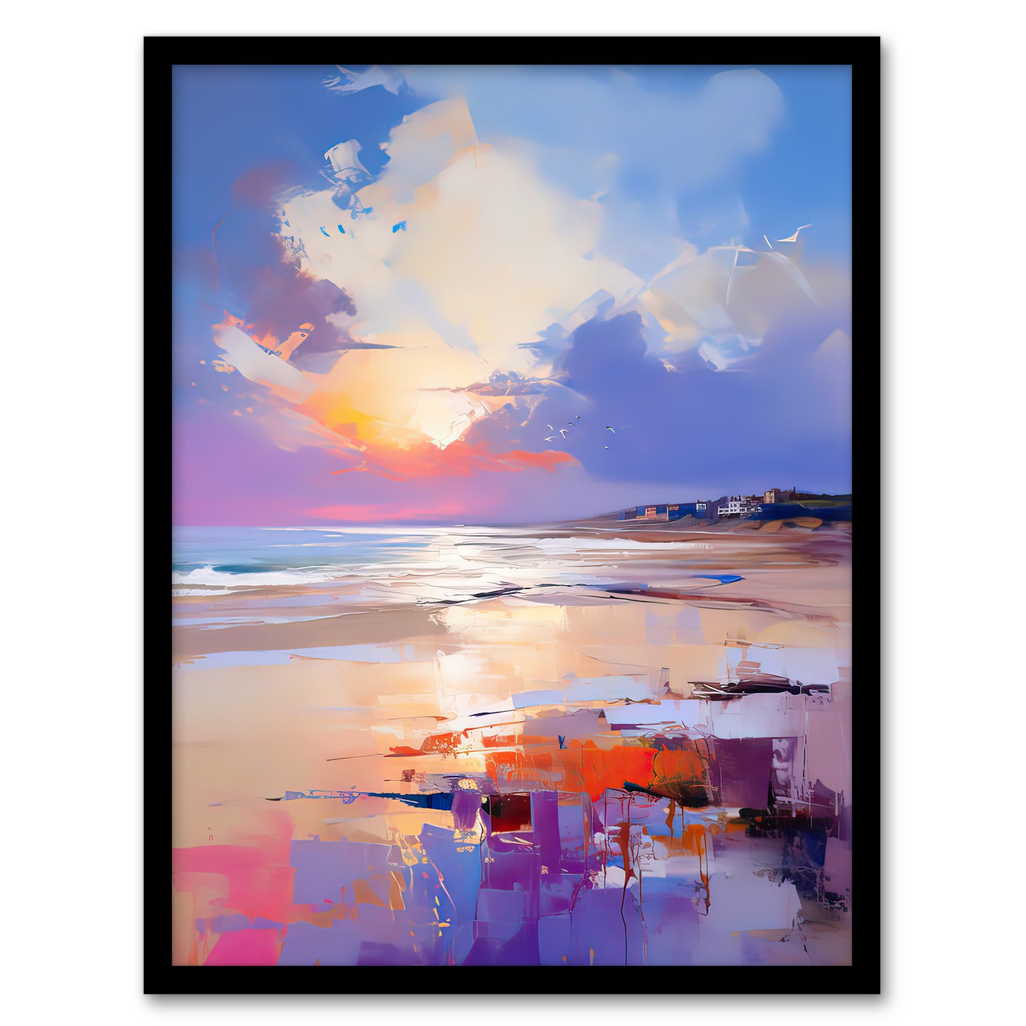 Artery8 Beach Sunrise Abstract Oil Painting Orange Purple Blue Serene Coastal Landscape Atmospheric Dawn Clouds Artwork Framed Wall Art Print 18X24 Inch