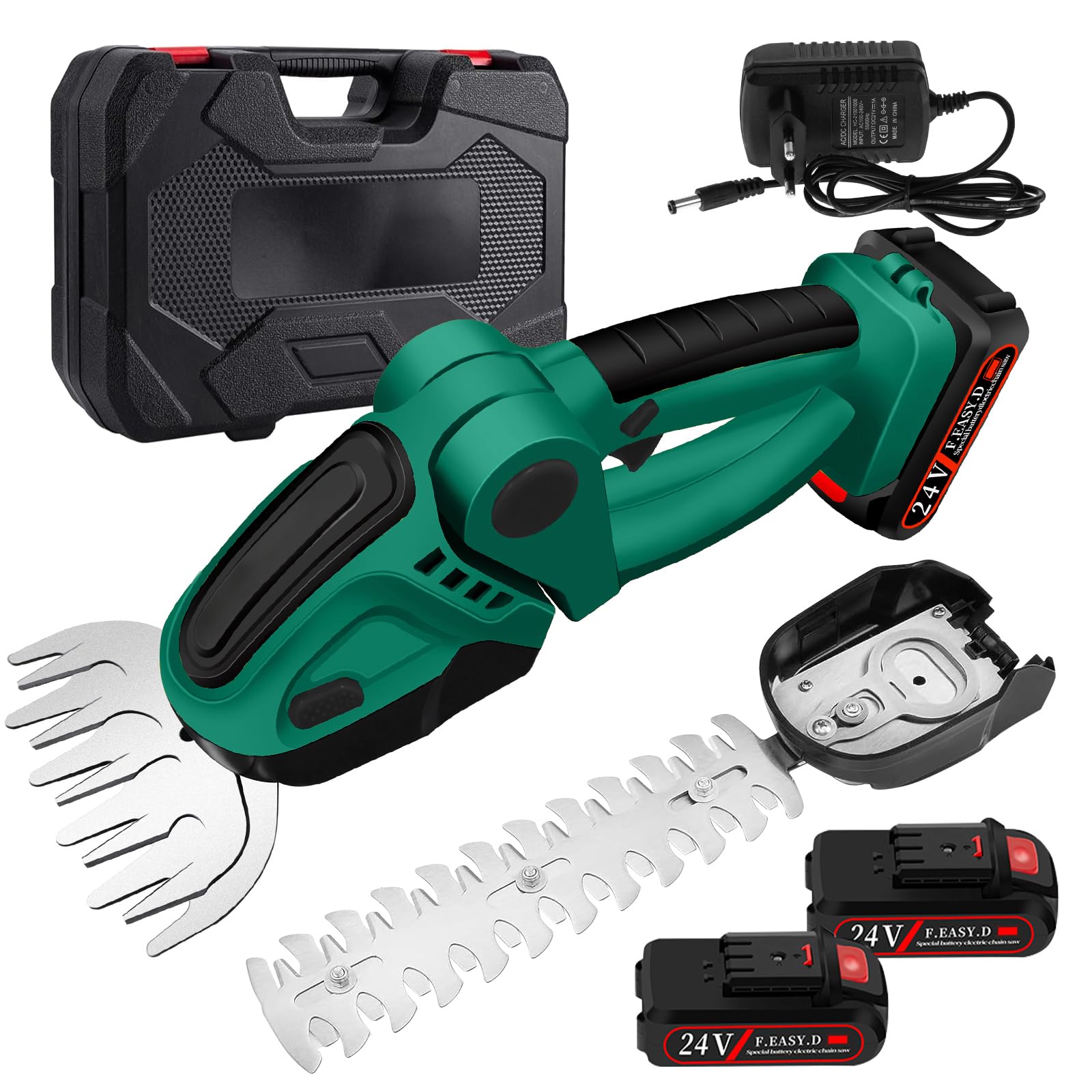 ROCKY&CHAO Taille-haie et cisaille à gazon sans fil 24 V 2 en 1 avec 2 batteries de 1500 mAh, lames SK5 de 12 cm/23 cm, cisaille à gazon pratique pour jardin et pelouse