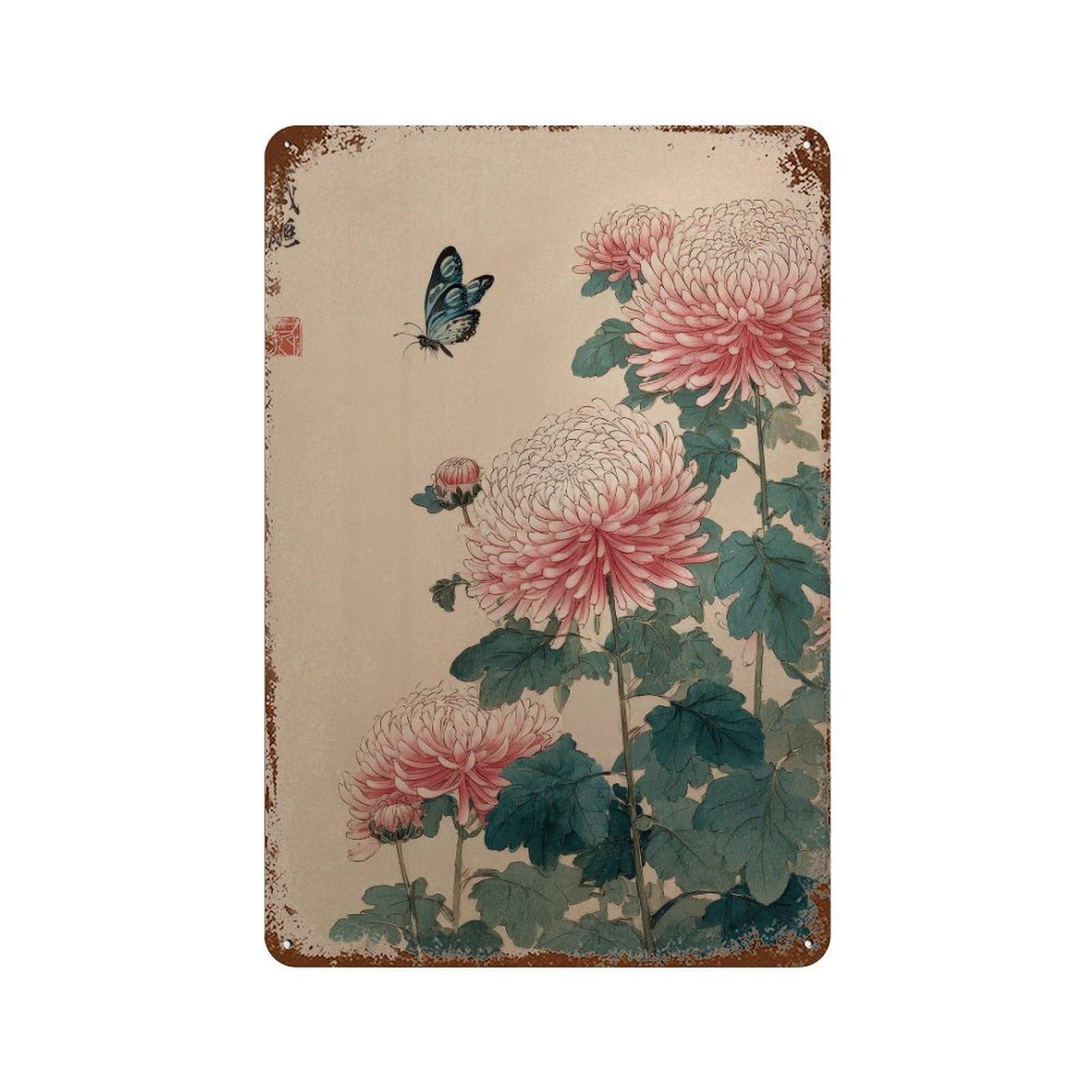 xiaoxiaoshen Chrysanthemums And Butterfly. Traditional Japanese Ukiyo Wall Decor Art Metal Tin Poster Modern Home Decor Art Home Bar Shop Decorations Vintage Sign 30x20cm