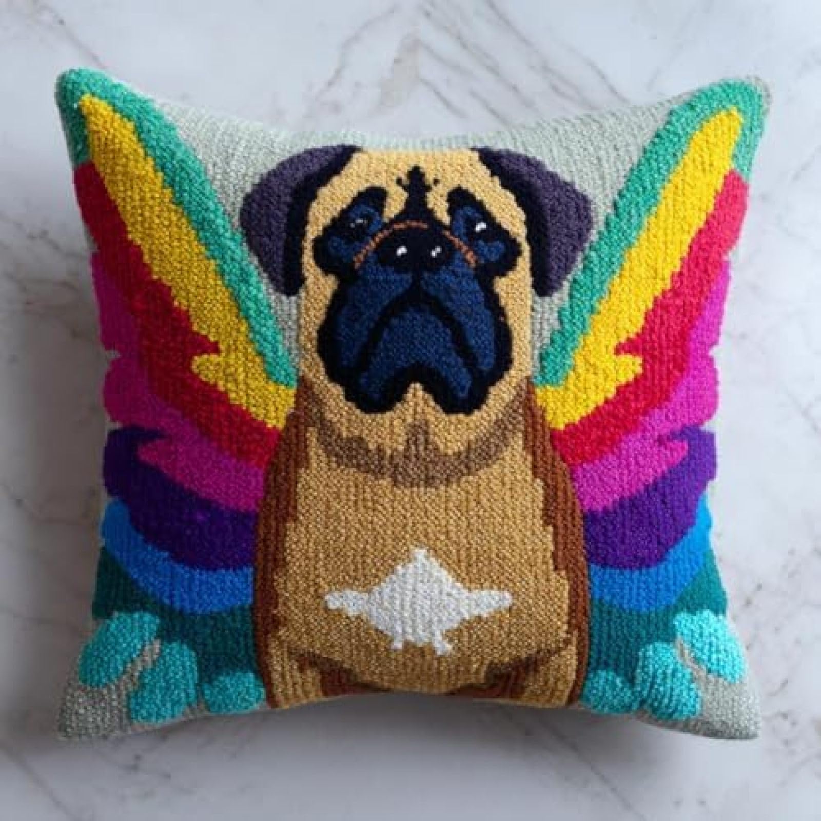 kitphoenix Latch Hook Kit for Adults Beginners,Bullmastiff Dog Colorful Angel Wing,DIY Cushion Cover Punch Needle Kit,Pre-Printed Canvas Embroidery Kit with Yarns & Hooks,43x43cm Craft Gift for Women
