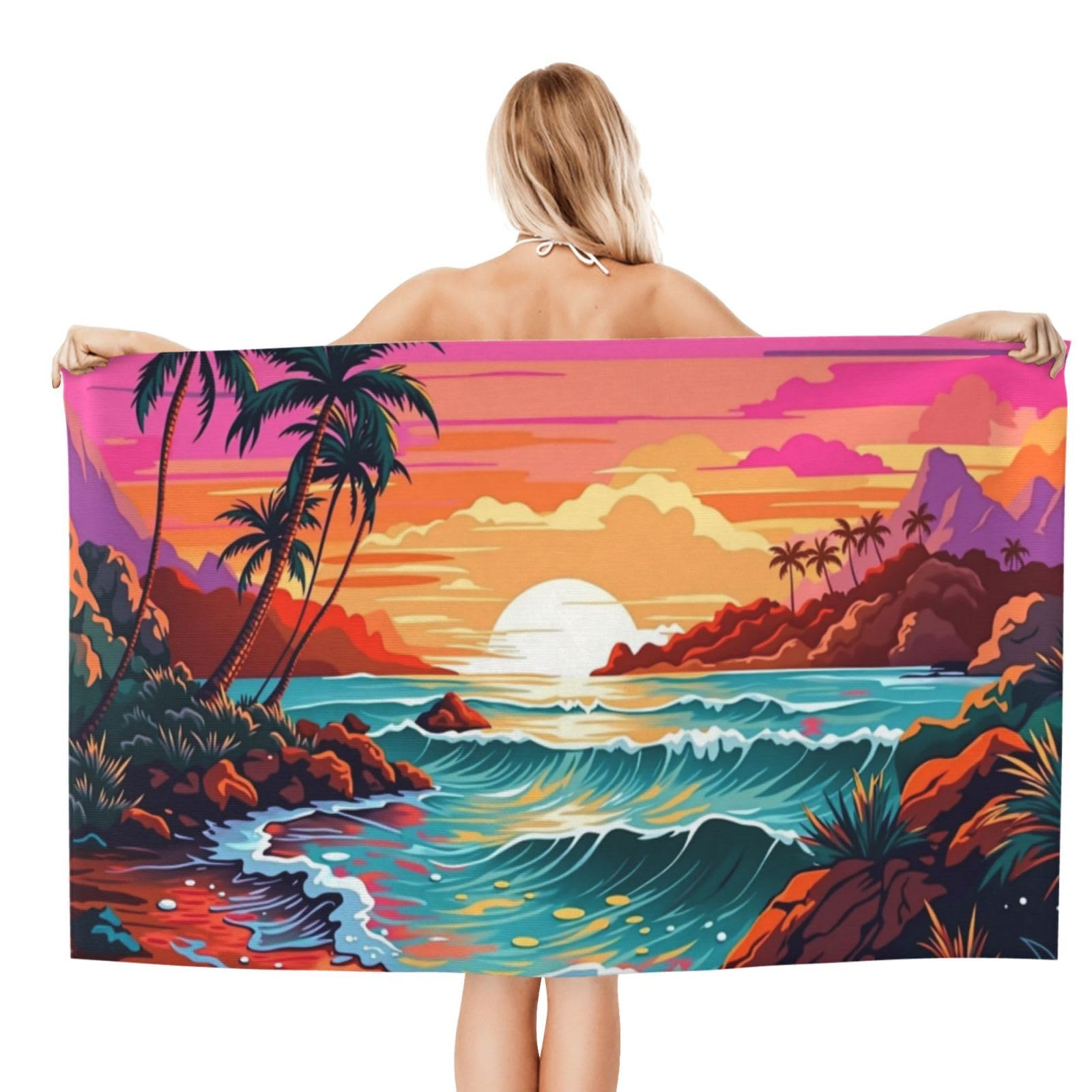 Anceky Beach Towel for Women, Tropical Sunset Beach Scene Sand-Free Microfiber Ultra Soft Lightweight Bath Towels for Outdoor Bathroom Swimming 32"X52"
