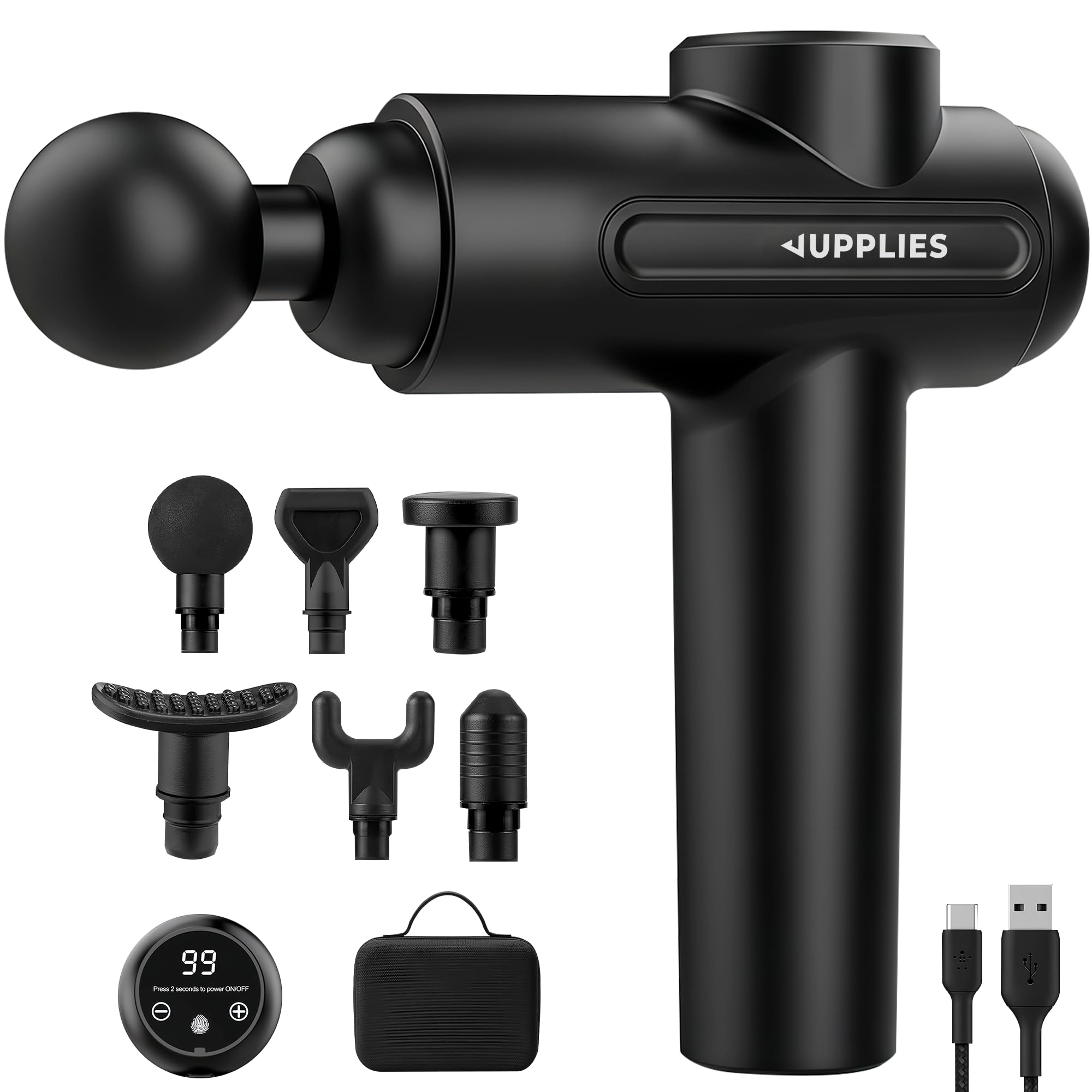 JUPPLIES Pistola de Masaje Muscular con 30 Velocidades, 6 Cabezales, Silenciosa, 5H Autonomía, Pantalla Táctil LCD, Estuche y Carga USB-C para Cervical y Espalda Profesional