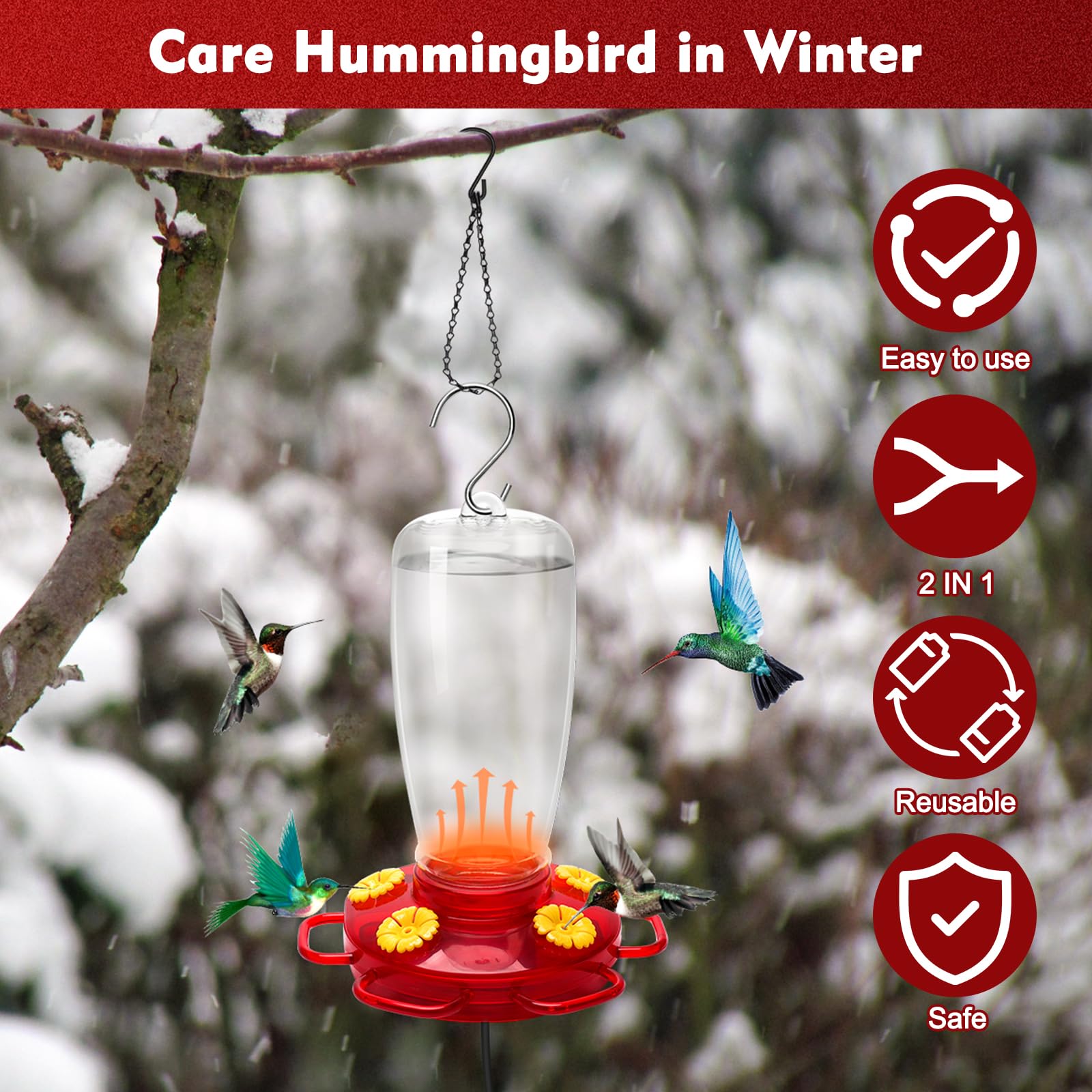 Luxiv - Comederos de colibríes 2 en 1 con calefacción para exteriores con cadena colgante de 20 pulgadas y ventosa, comederos de pájaros con calefacción de invierno para exteriores, anticongelación,