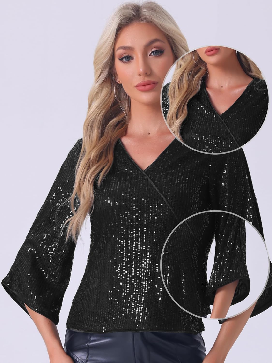 Allegra K Sequin Top for Women's 3/4 Sleeve V Neck Sparkly Party Club Disco Outfit Blouse Top