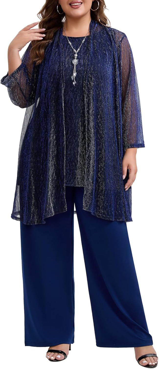 Plus Size Mother of The Bride Pant Suits 3 Piece Elegant Lace Sets Wedding Guest Formal Outfit with Metallic BrightThread - Image 2