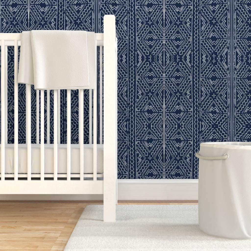 Removable Wallpaper Swatch - African Mud Cloth Mudcloth Tribal White Blue Indigo Navy Custom Pre-Pasted Wallpaper by Spoonflower