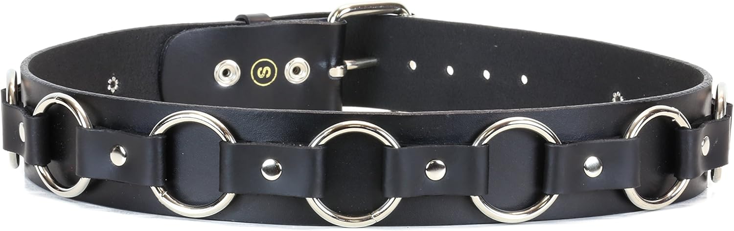 Bondage Belt Genuine Black Leather Strap Ring Gothic Style (40)