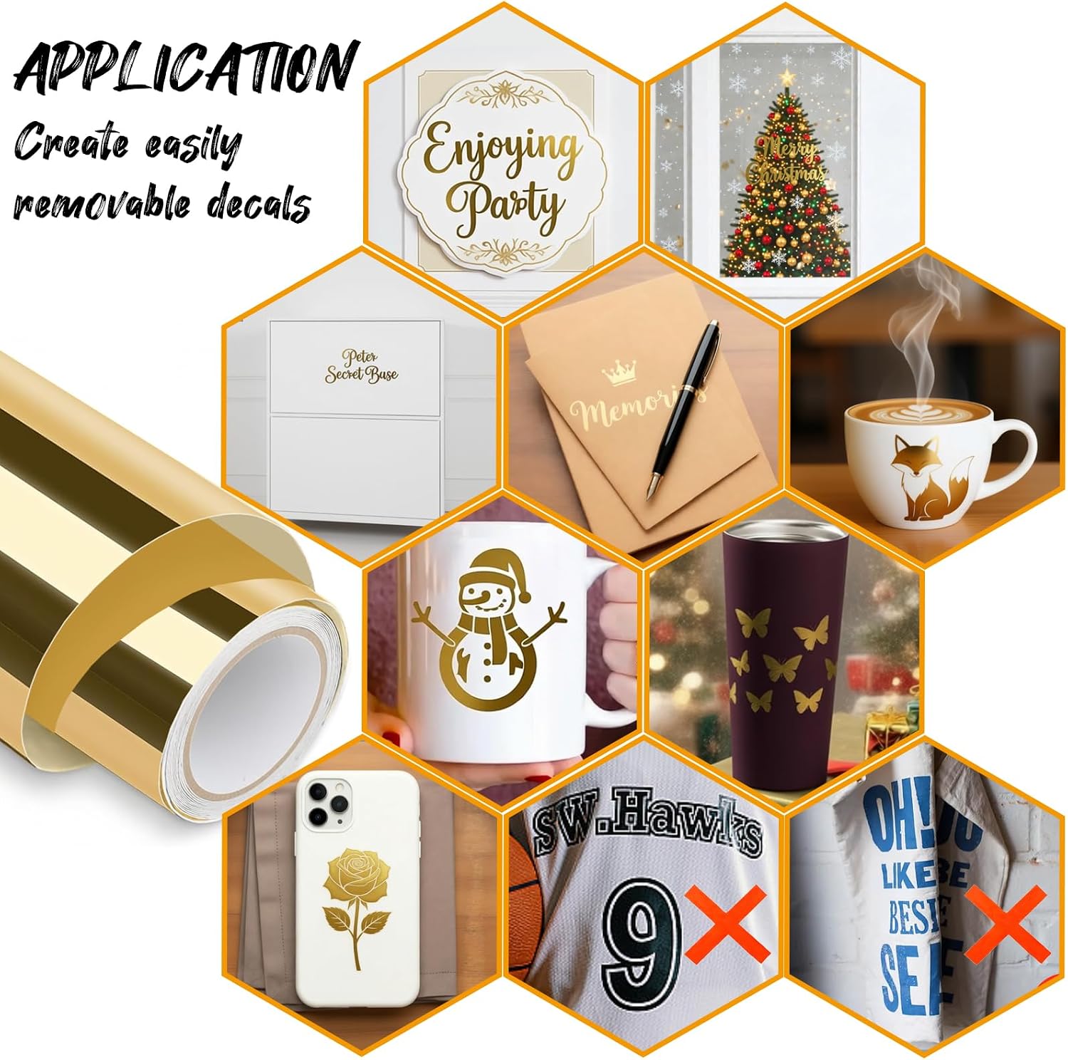 Gold Permanent Adhesive Vinyl, 12" x 10 FT Craft Vinyl for Cup Decals, Party Decorations, Stickers, Scrapbooking & DIY Crafts
