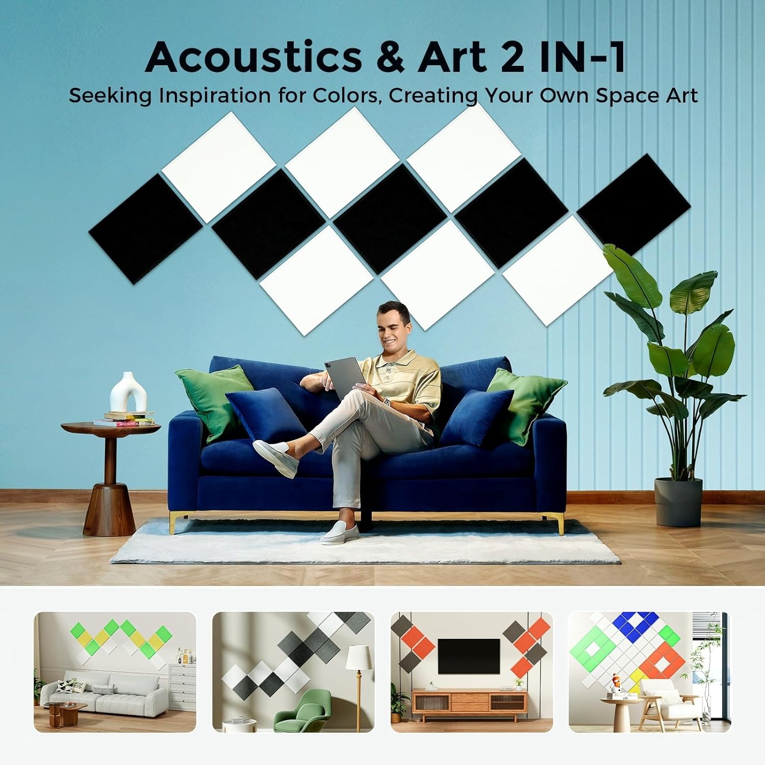 Self-Adhesive Acoustic Panels [390 lbs/yd³ Ultra-High Density], 2nd Generation Sound Absorbing Panel, Professional Level Sound Panel, Polyester Soundproof Foam [Rectangle, White & Black]
