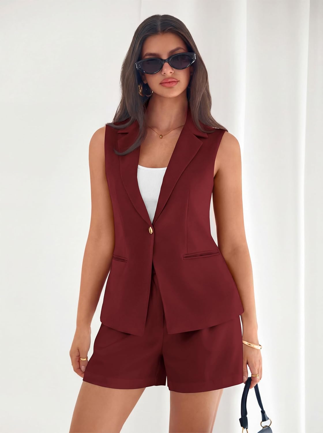 MASCOMODA Summer Sleeveless Blazers for Women Business Casual Dressy Lapel V Neck Button Open Front Work Suit Vest Tops