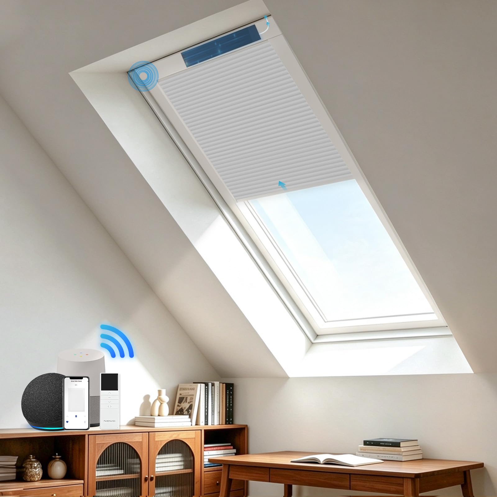 Blackout Honeycomb Blinds; Remote, Timer & App Manual Control, Alexa & Google Voice‑Enabled, Optional Solar Panel Motorized Blackout Cellular Skylight Shades,Custom Size,Off-White