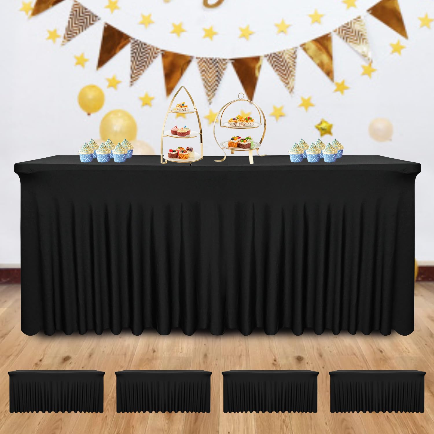 Paquete de 4 faldones de Mesa de Elastano Negro para mesas de 6 pies (72 Pulgadas de Largo x 30 Pulgadas de Ancho x 30 Pulgadas de Alto) | Funda Ajustable elástica, Lavable y Resistente a Las