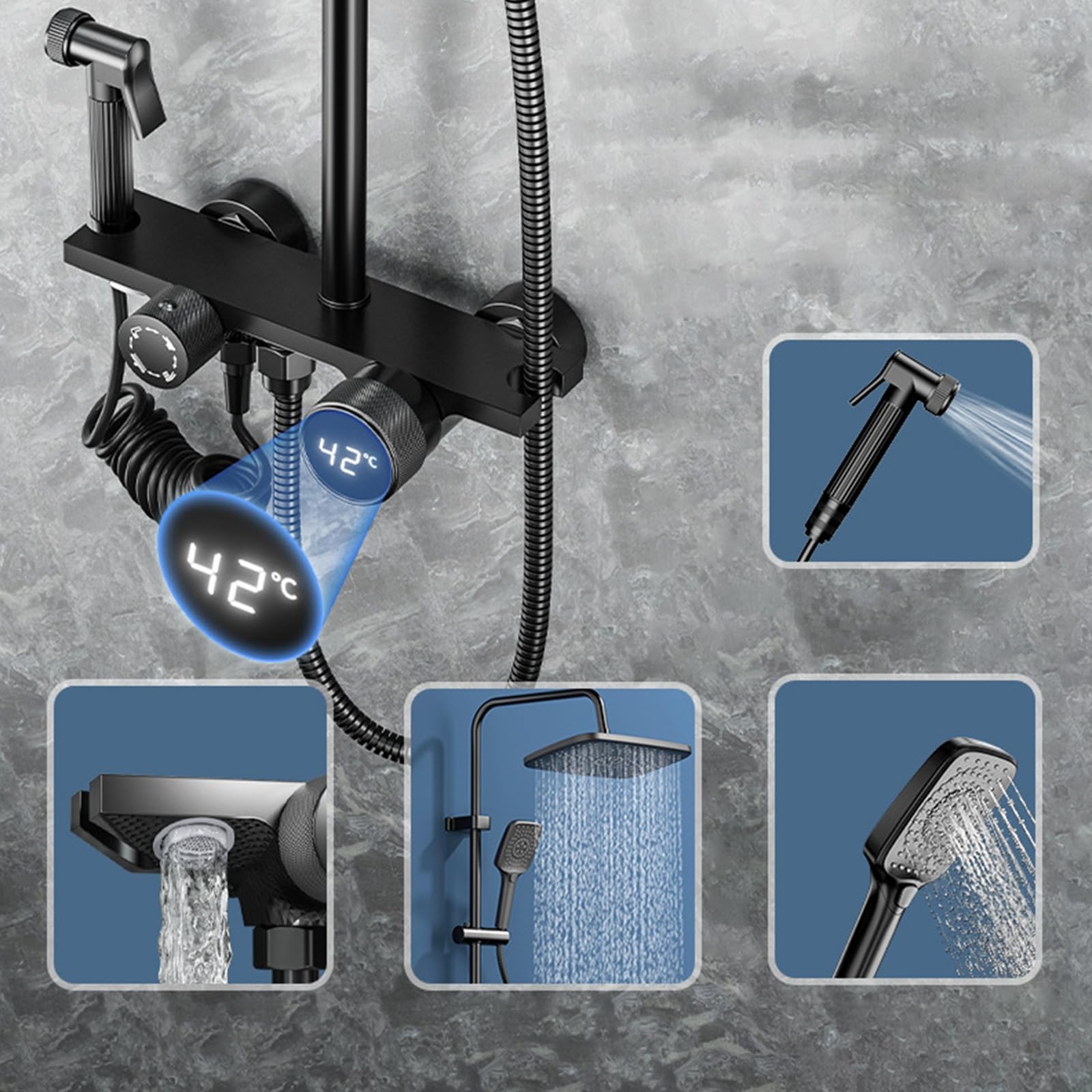 Sistema Doccia a Vista Nero, Set Rubinetto con Display Digitale, Set Combinato a 4 funzioni per Bagno, soffione a Pioggia, doccetta, doccetta per Bidet, beccuccio per Vasca