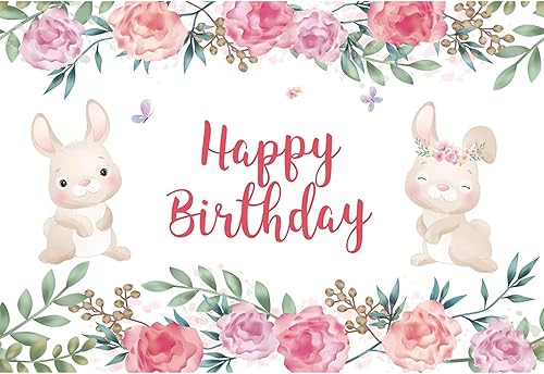 dnldliq 8x6ft Bunny Birthday Backdrop for Girls Watercolor Floral Butterfly Rabb
