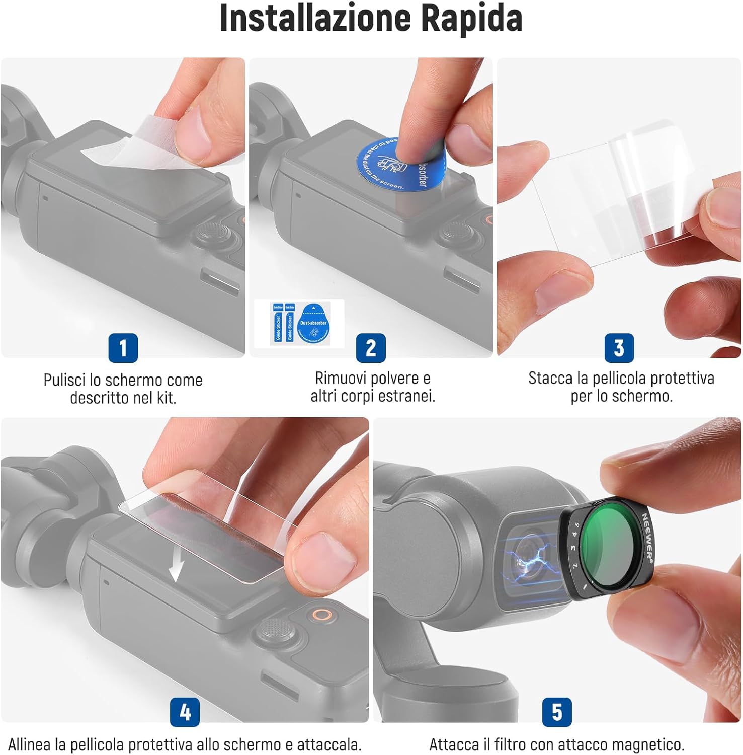 NEEWER Set Filtri Magnetici Compatibile con DJI Osmo Pocket 3 / Pocket 4 / Xtra Muse, Filtro a Densità Variabile ND 2-32 con Polarizzatore CPL Black Diffusion 1/4 Filtro Per Effetto Mist Cinematic