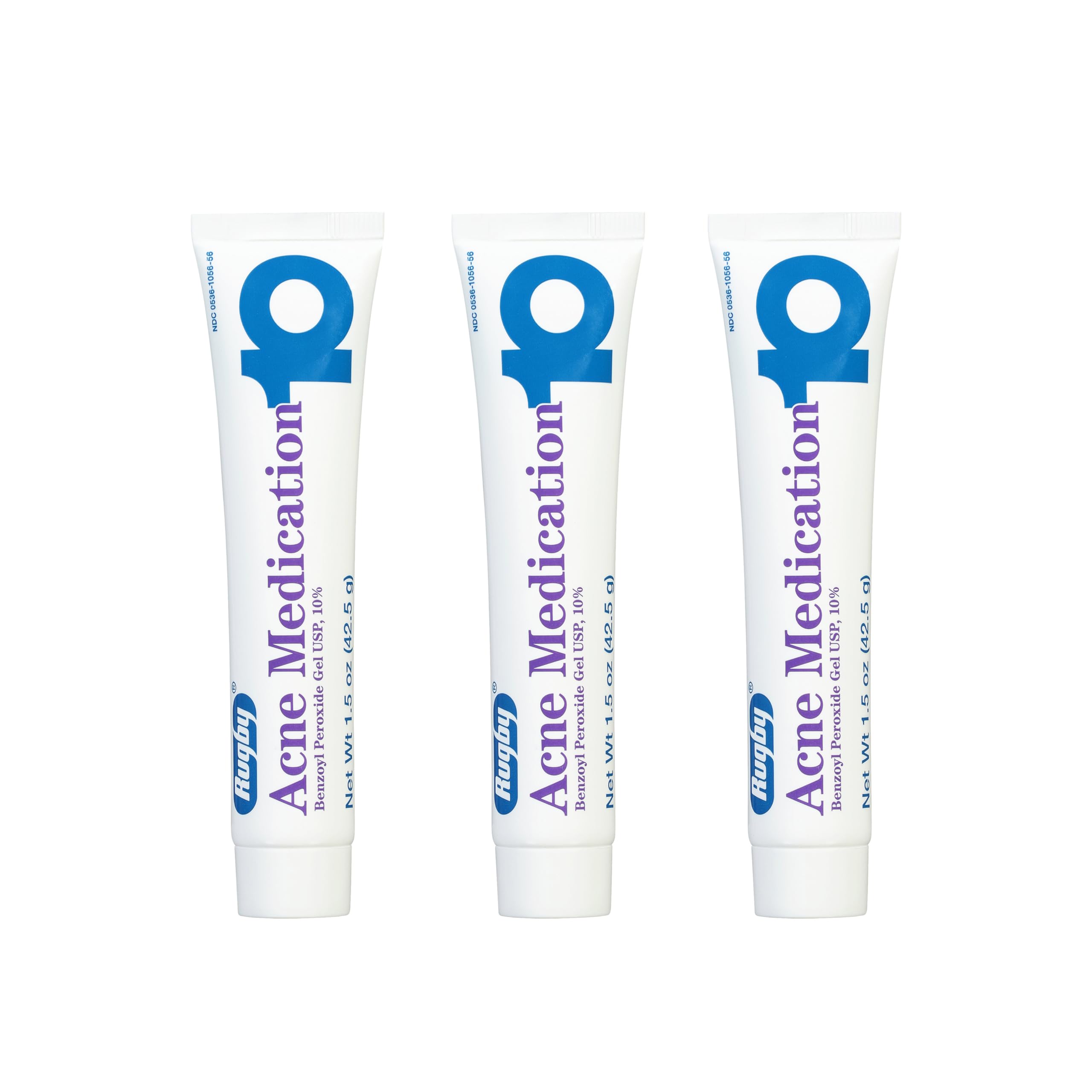 Rugby Acne Medication Benzoyl Peroxide Gel USP, 10% - Clear Up Acne Pimples - Greaseless, Vanishing Formula - 1.5 Oz (42.5g) - 3 Pack