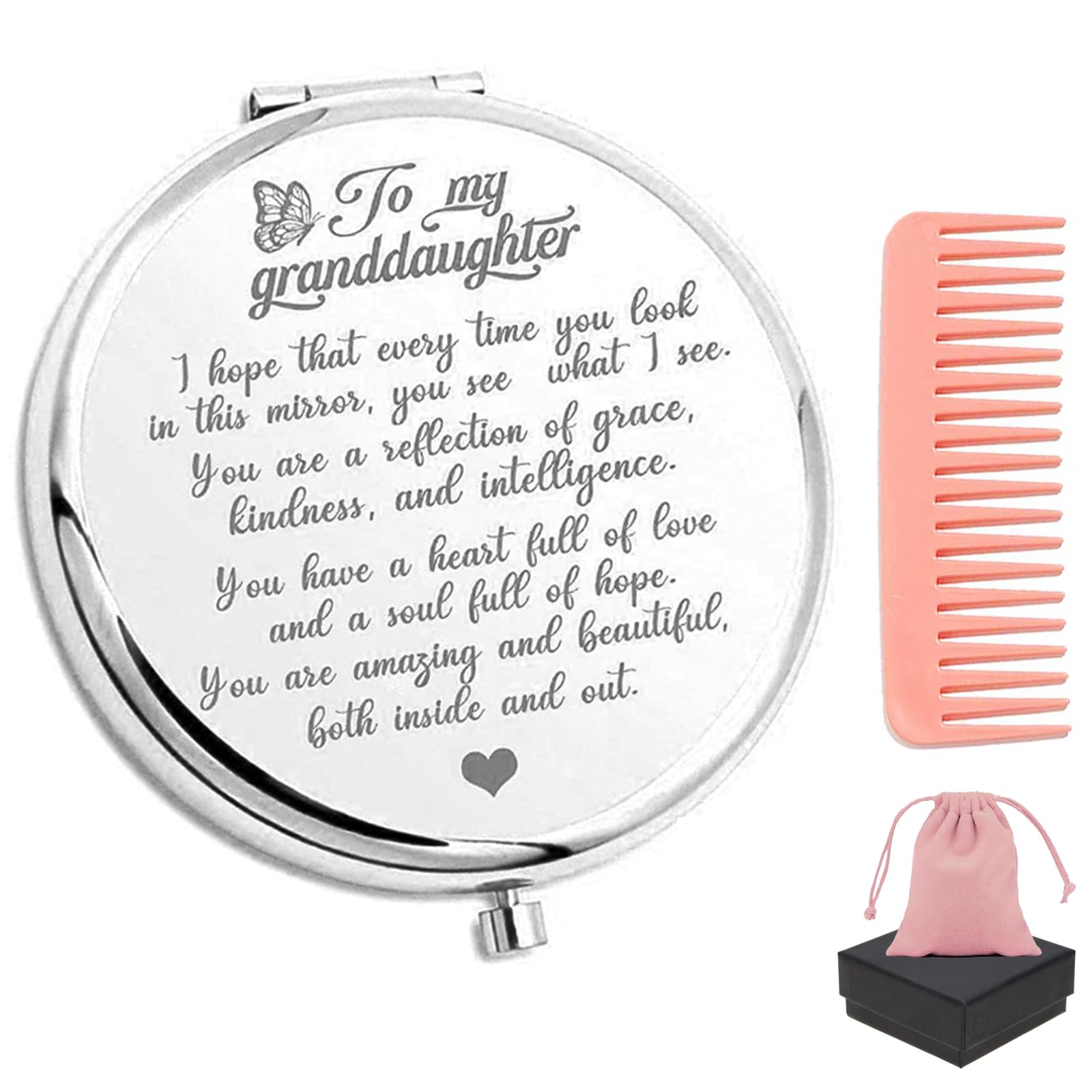 Keopun My Granddaughter - Reflection Engraved Hand-Held Folding Mirror, Encouragement Gift Compact Makeup Mirror, Folding Pocket Mirror Granddaughter Gifts from Grandparents (Silver)