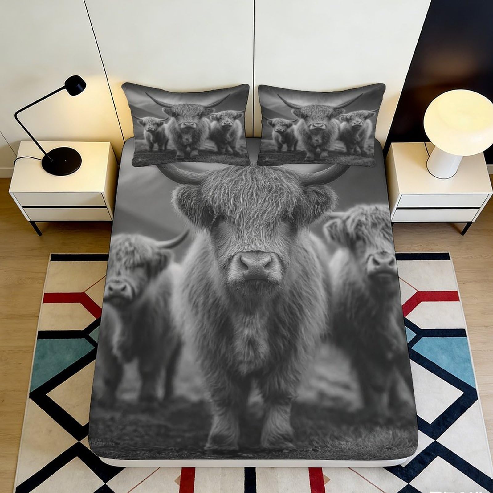 3D Printed Highland Cow Fitted Sheet Microfiber Soft Breathable Cattle Herd Mattress Cover for Bedroom Decor 90x200x25cm