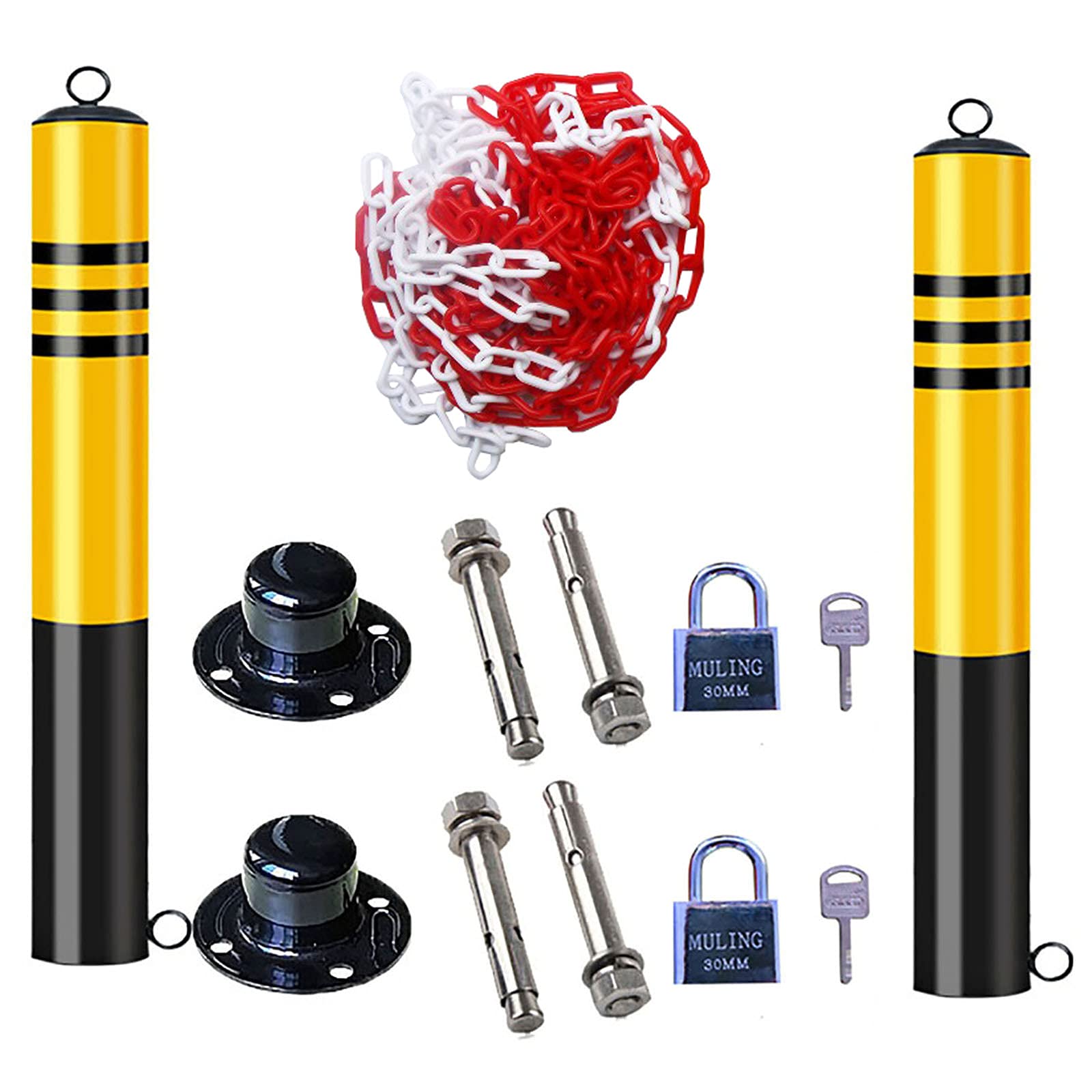WDSOPK Driveway Security Bollard,Steel Yellow Safety Barrier Bollard,Parking Posts Lockable with 5m Plastic Chain and Expansion Screws
