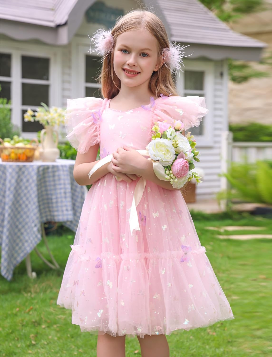 IMEKIS Toddler Kids Girls Butterfly Dress Sparkle Tulle Ruffle Sleeve Wedding Formal Birthday Pageant Dresses 3-12T - Image 6