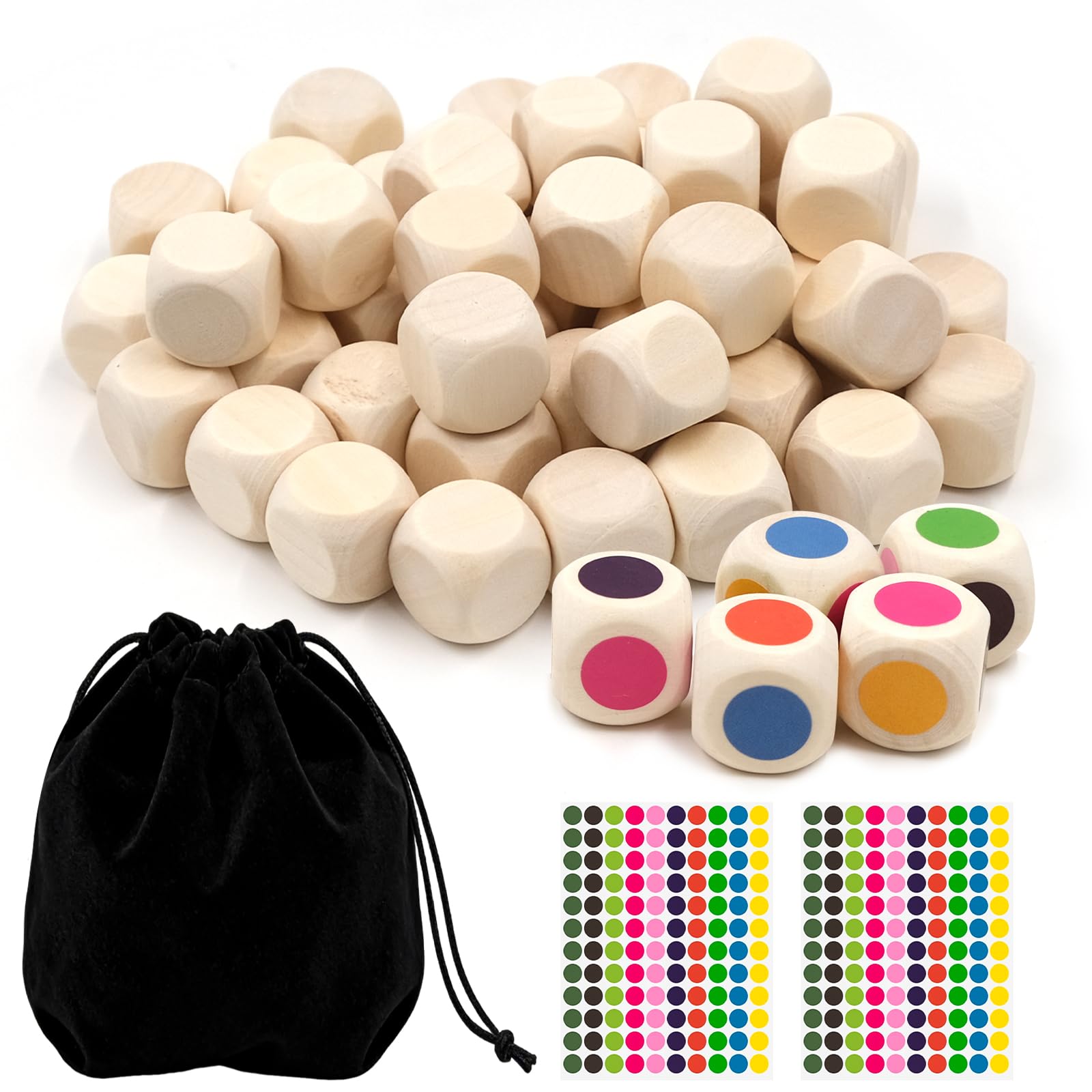 Pack of 50 Wooden Dice Blank, Blank Dice 20 mm Unpainted, Ennoxwi DIY Empty Wooden Dice with Black Bag and Dot Stickers for Crafts, Decoration, Board Games