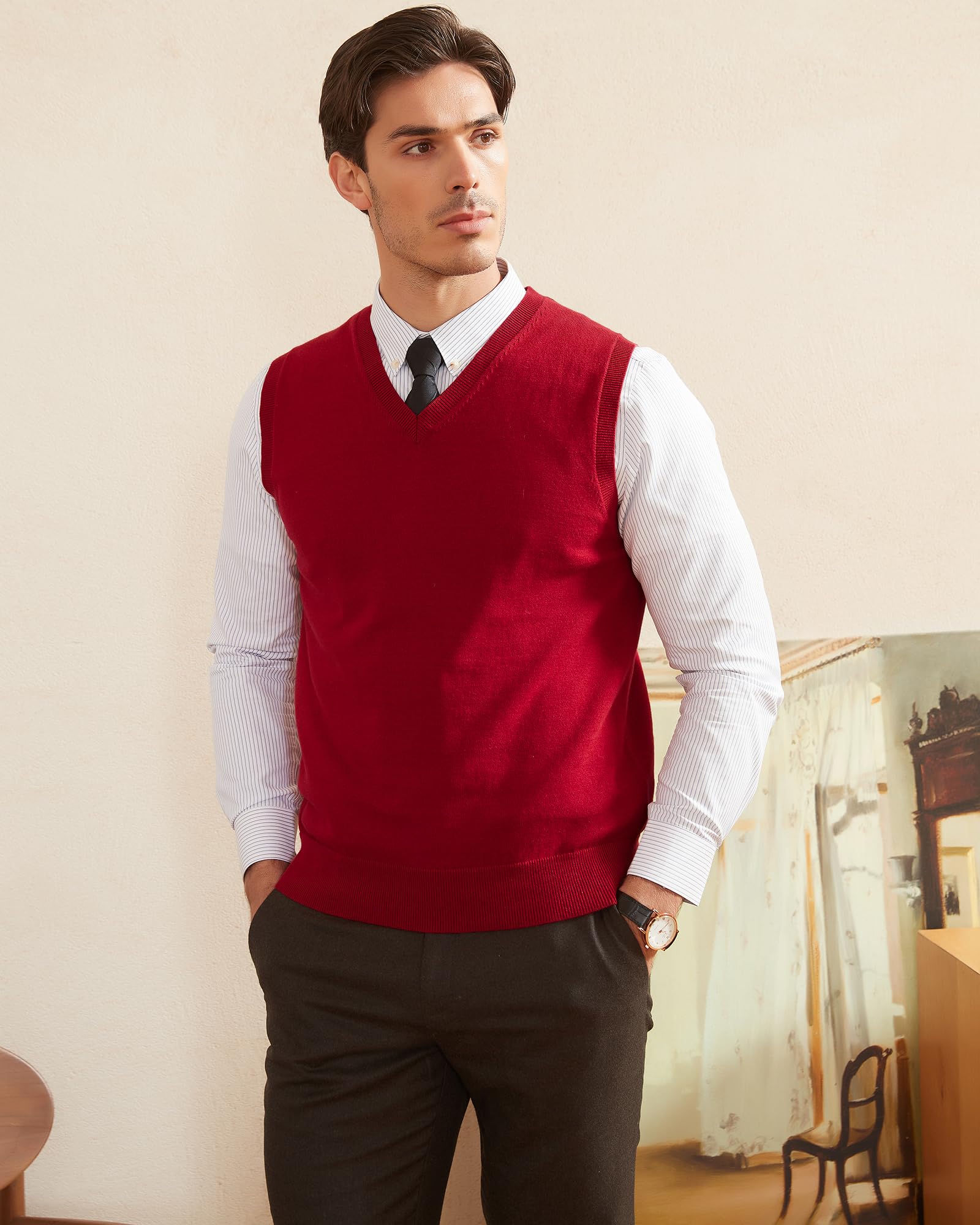 Kallspin Hommes Gilets en Coton sans Manches Col en V Gilets tricotés Pull-Over Relaxed Fit Sweater Vest