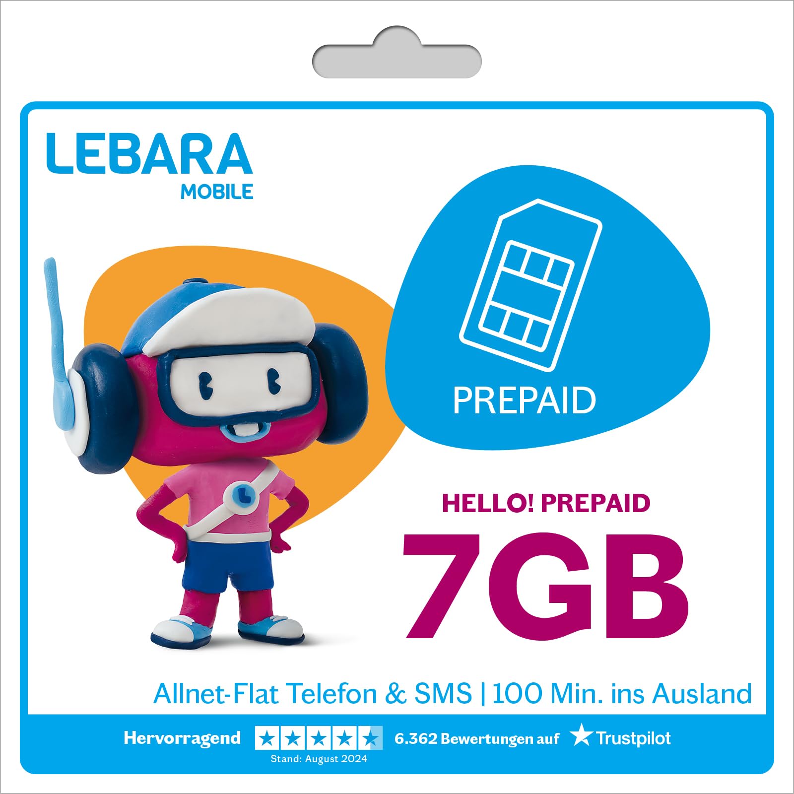 Lebara HELLO! S Prepaid SIM Card, Allnet Flat Telephony & SMS, 7 GB LTE Data, Including 100 Free Minutes Abroad, Telefónica Service Provider