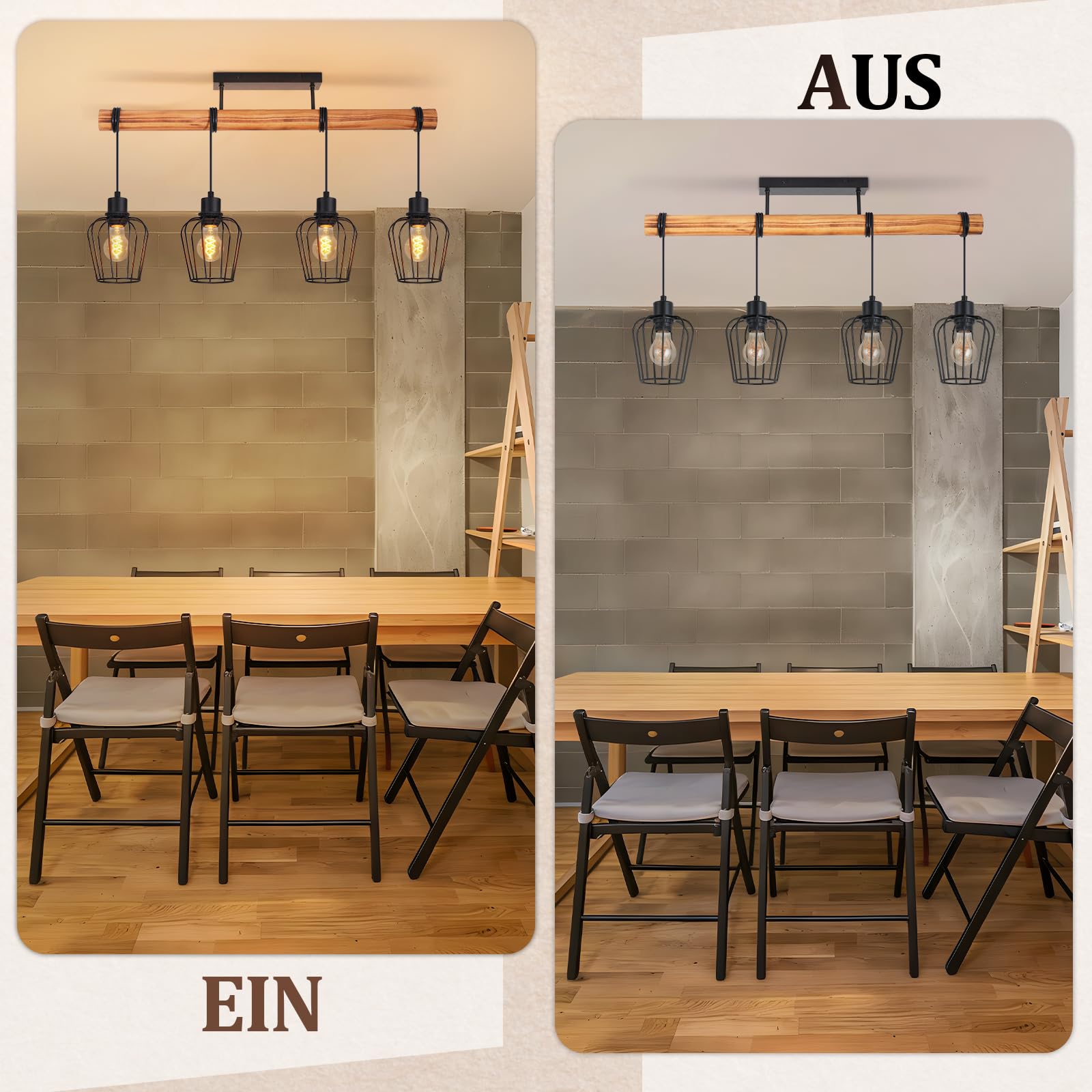 ZMH Vintage Plafonnier Salon Bois : Lustre Style Industriel Noir 4 Lumières Rétro - Applique Cuisine Métal avec Douilles E27 pour Salle à Manger (Ampoules Non Incluses)