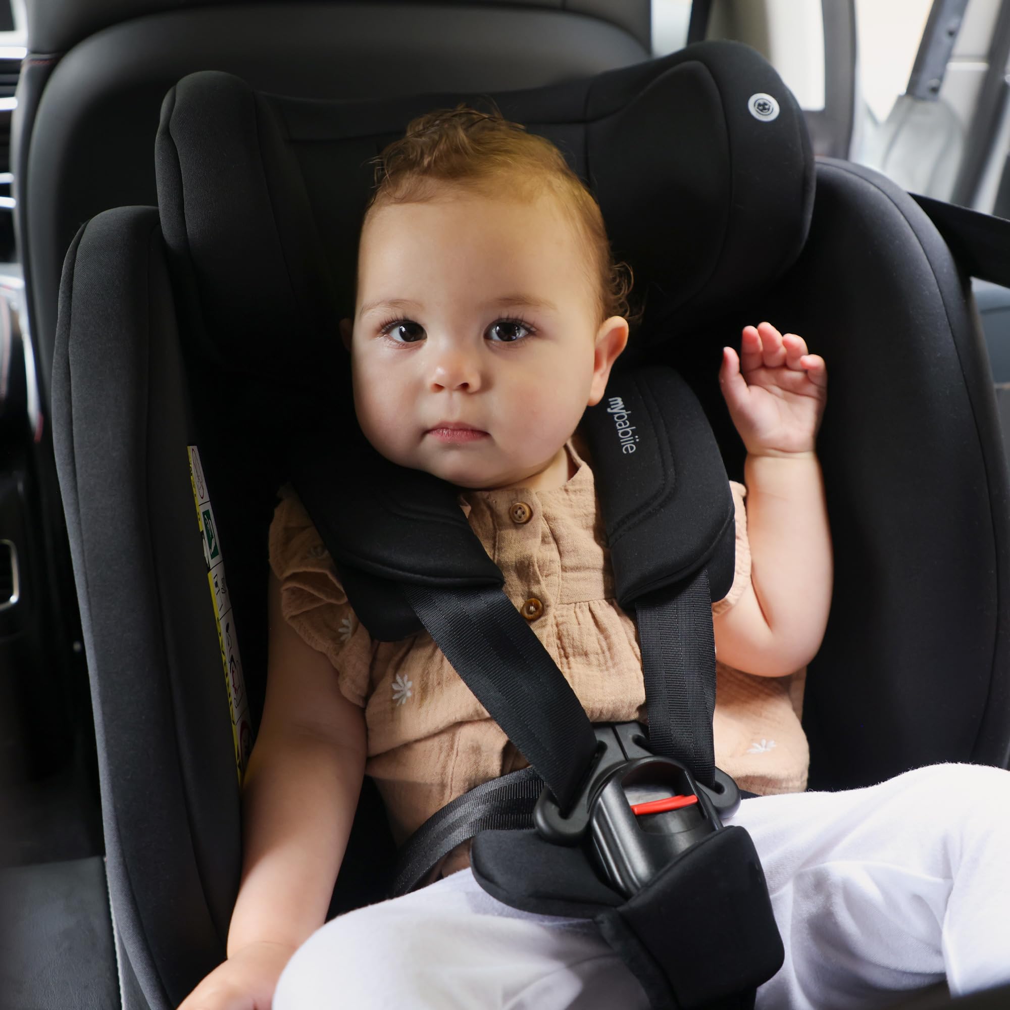 My Babiie MBCS100 - Asiento infantil convertible 2 en 1 R129 con cinturón, 40-150 cm (aprox. nacimiento - 12 años, 0-36 kg), i-Size, grupo 0+1/2/3, ajustable, color negro