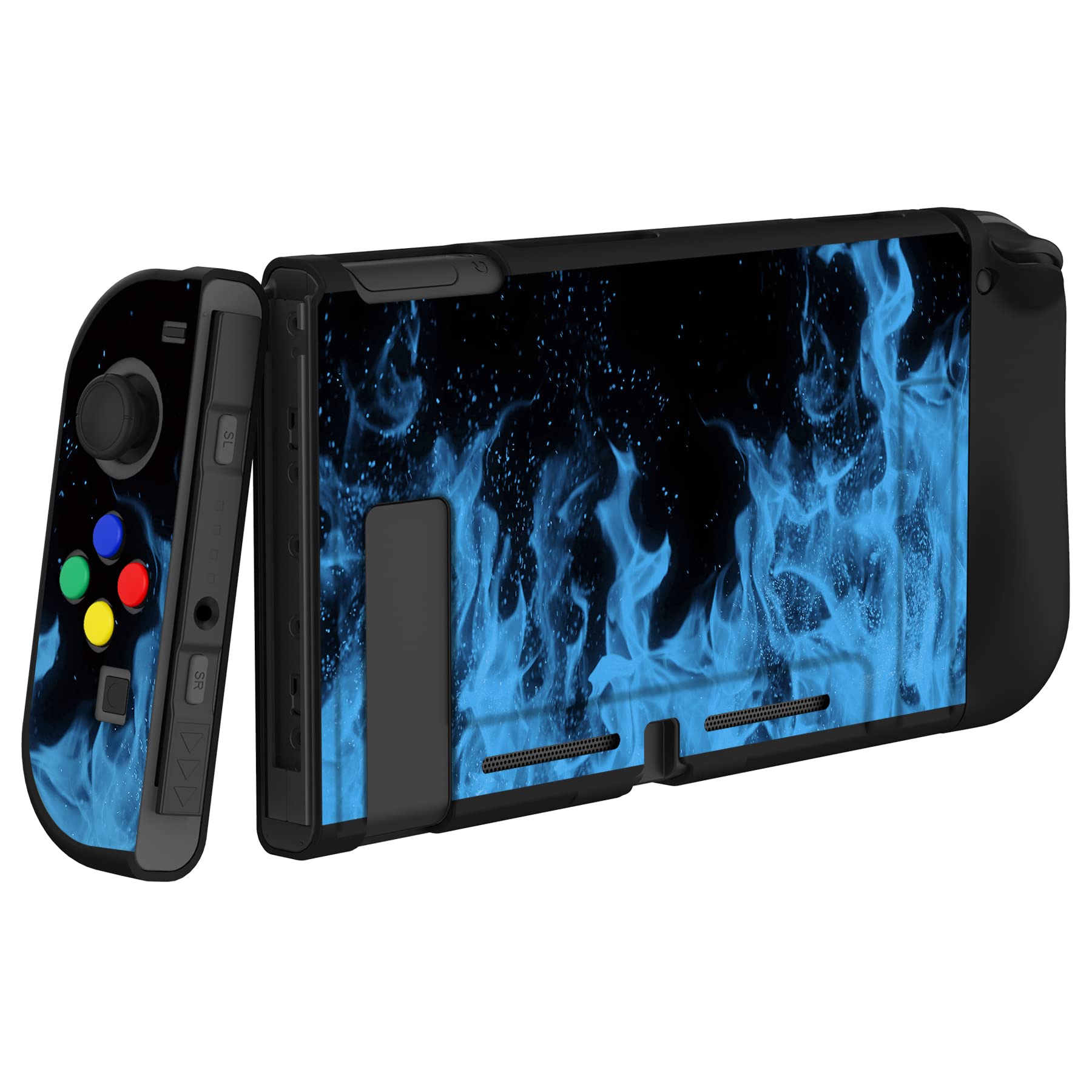 PlayVital Cover Protettiva Custodia per Nintendo Switch Copertura Morbida TPU Case per Joycon Console con Copri Tasti ABXY Direzionali Colorati-Fiamma Blu