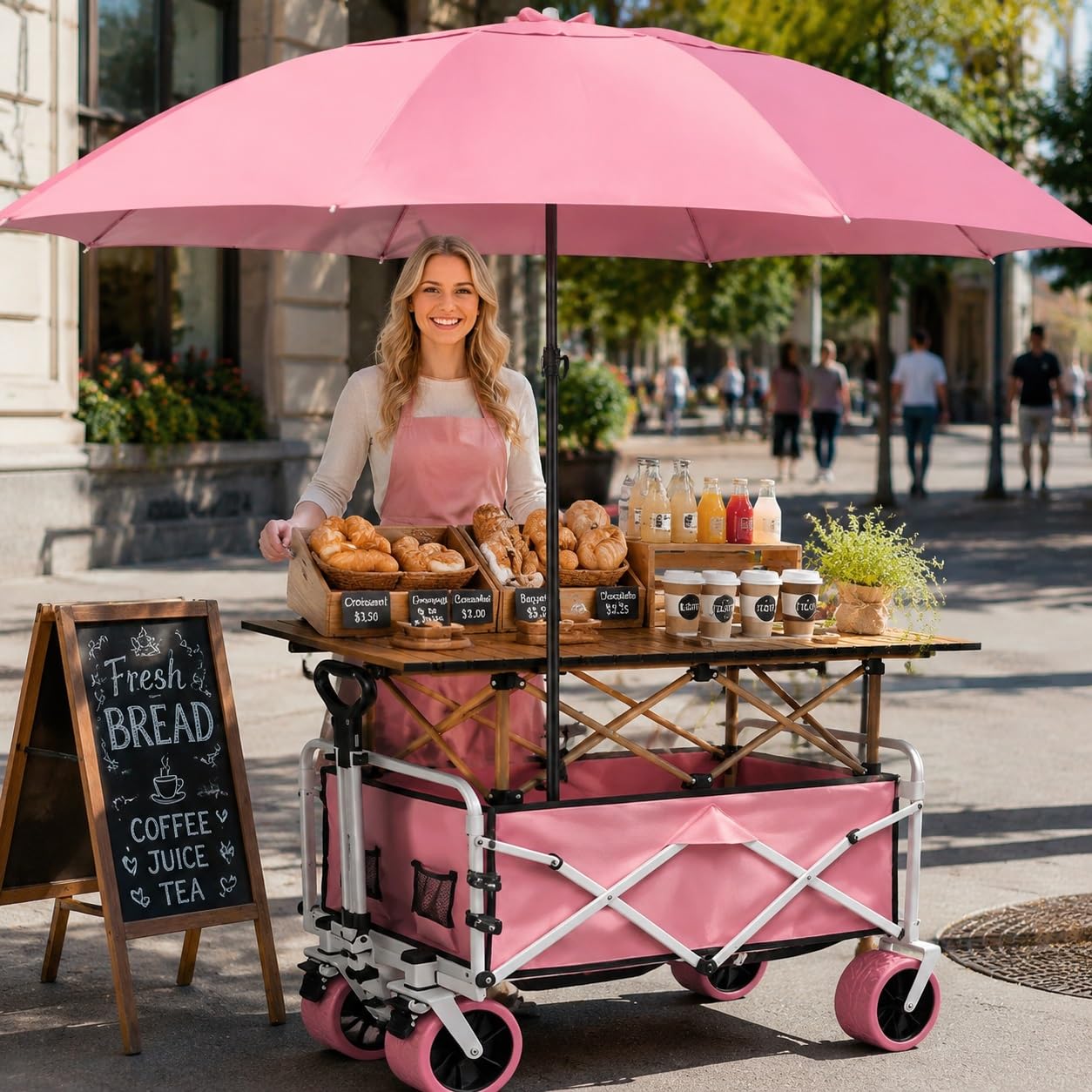 Händlerwagen im Freien mit Sonnenschirm, tragbarer Lebensmittelwagen, faltbarer Bauernmarktständer für Veranstaltungen, Märkte, Street Food, bequem, leicht, einfach aufzubauen