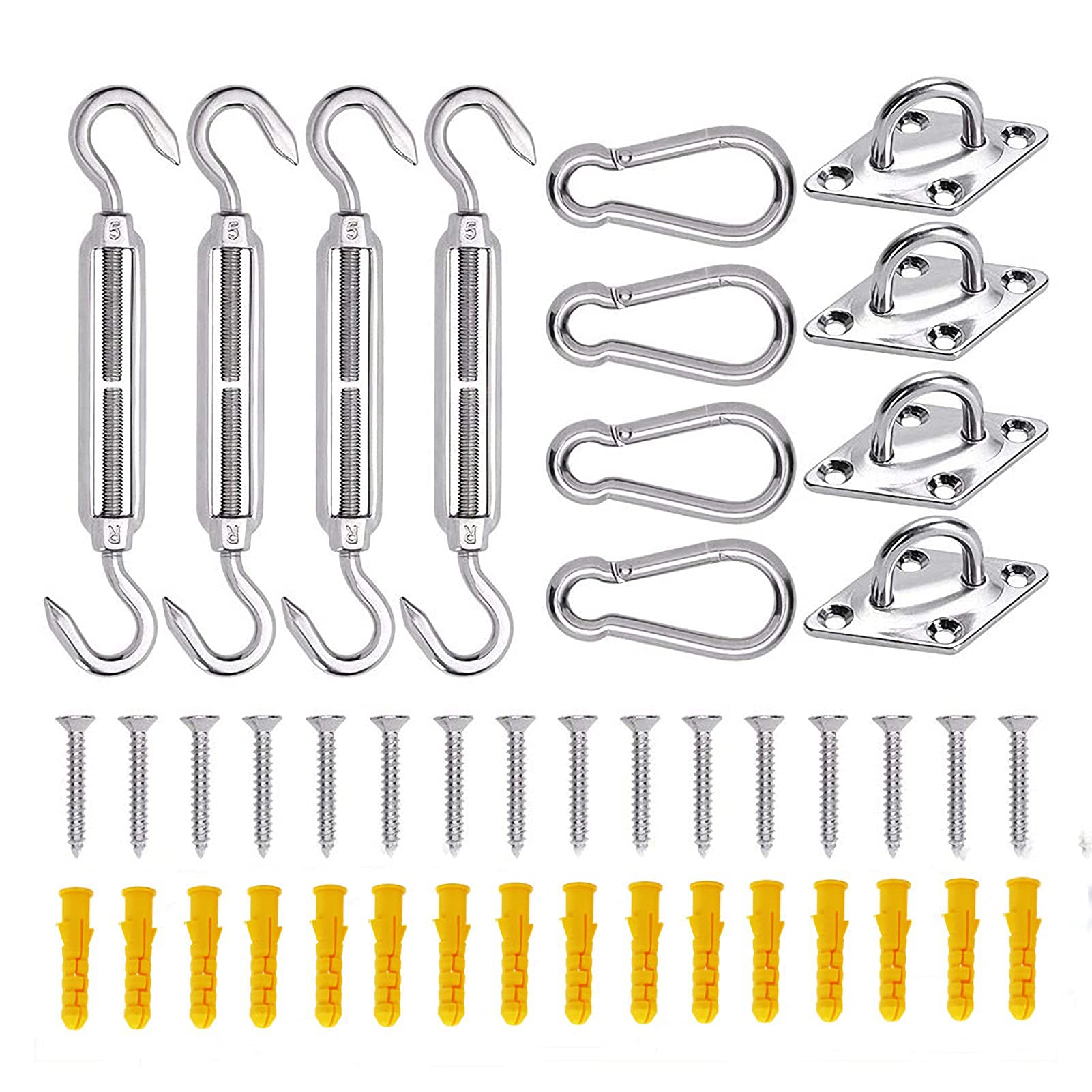 ERoomQ Sun Shade Sail Hardware Kit 44Pcs Heavy Duty Sun Shade Sail Fixing Kit Stainless Steel Garden Sail Fixing Kit Includes with Plugs for Patio Lawn Outdoor,6mm