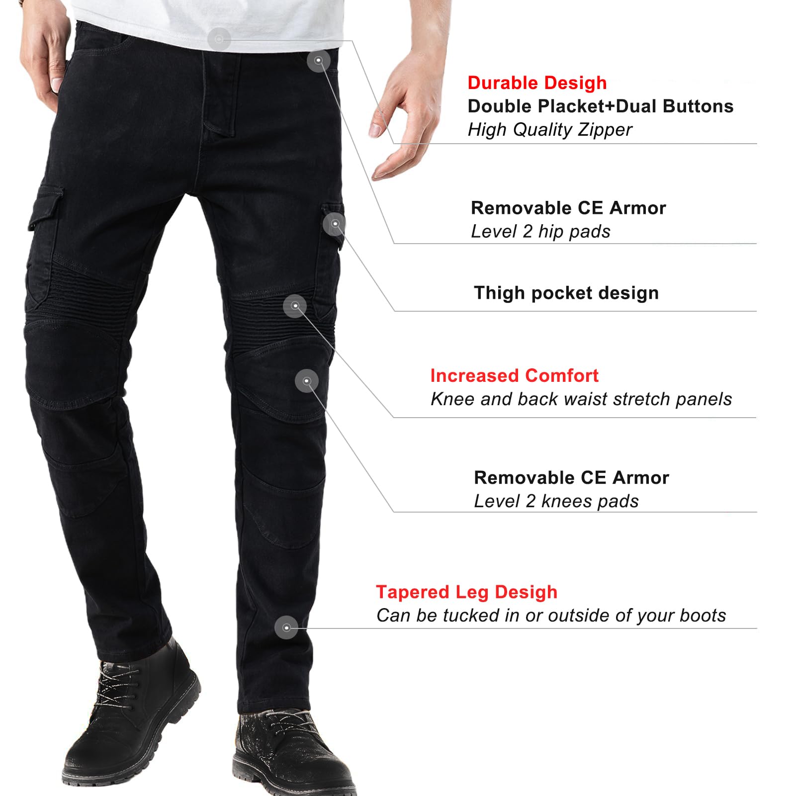 Pantalon Moto Hombre, Impermeable Pantalon Vaquero Moto para Pantalones de Carreras de Motocross, Pantalon Moto Elástico, Jeans de Moto, 4 x Equipo de Protección (Negro,L)