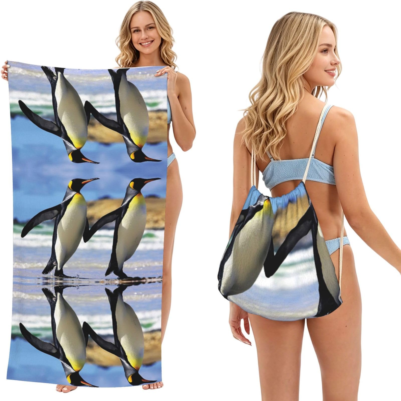 ESNAIUVCD Cute Penguin Print Beach Towel For Adults,Towel With Drawstring Bag, Travel Pool Swimming Sports Shower Sand Free Quick Dry Bath Towel For Pool, Beach, Yoga- 180x60cm