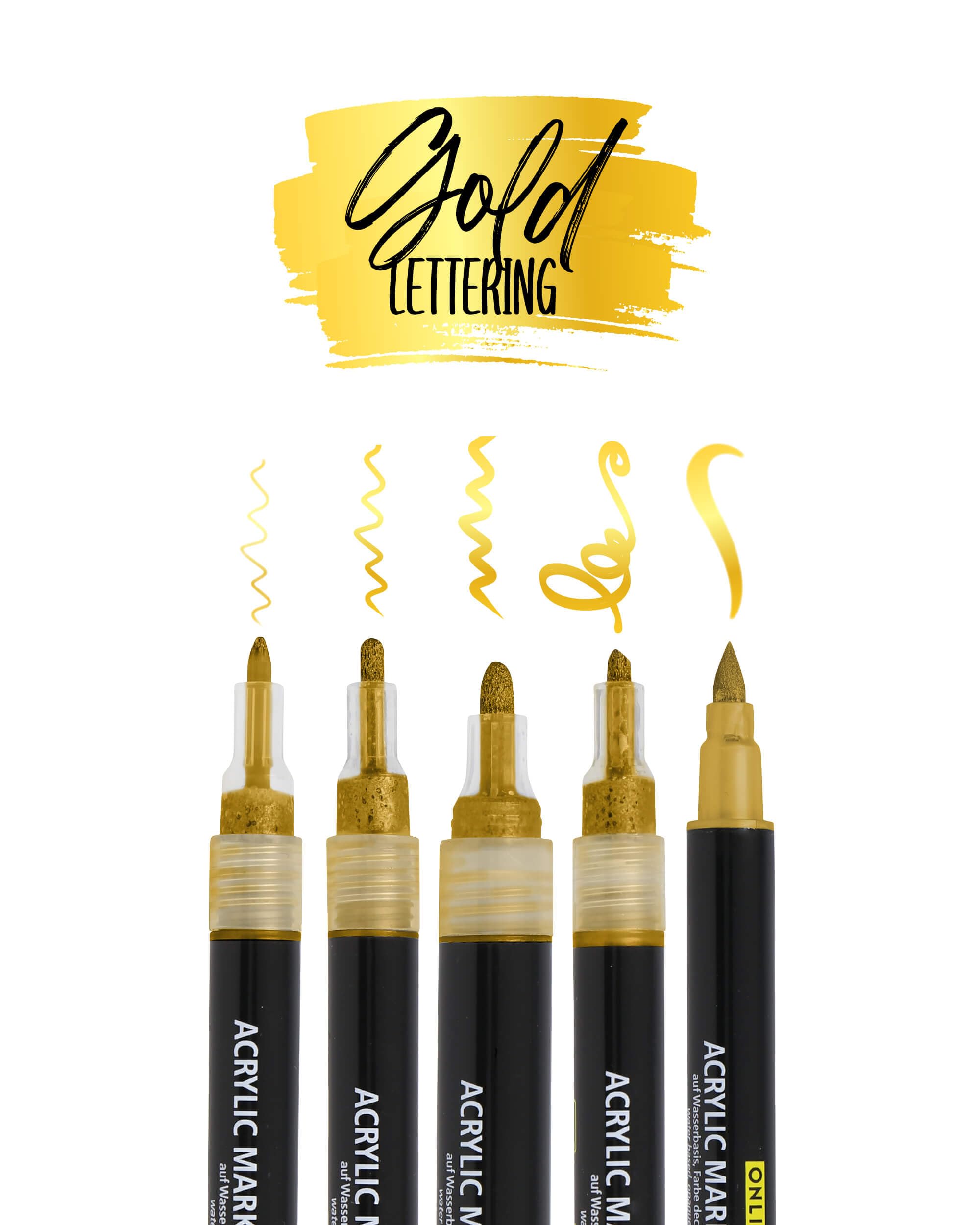 Online Set of 5 Acrylic Pens Gold I Strong Opaque Hand Lettering Set including Brush Pen, Fineliner