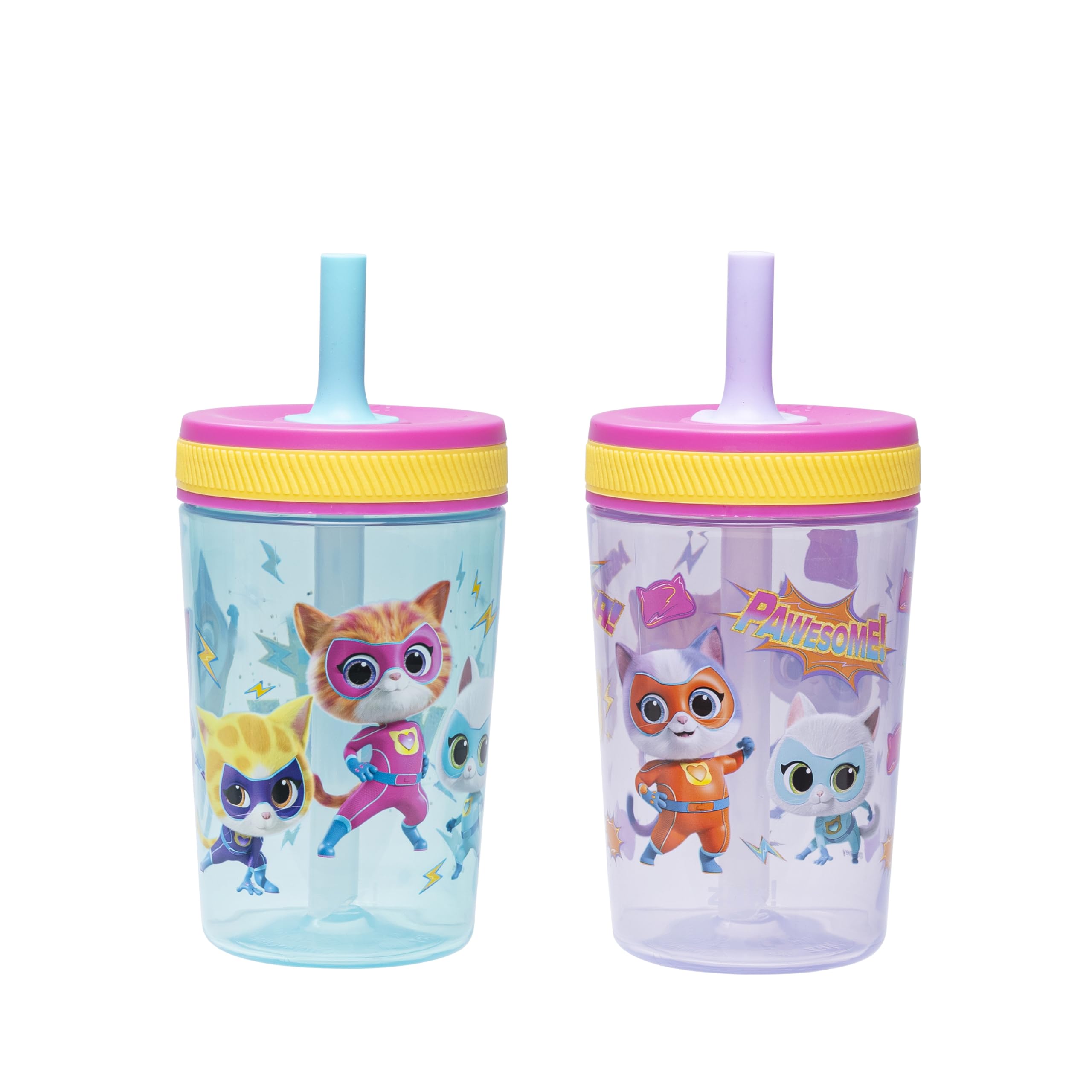 Zak Designs Disney SuperKitties Kelso Toddler Tumblers For Travel or At Home, 15oz 2-Pack Durable Plastic Sippy Cups With Leak-Proof Design is Perfect For Kids (Ginny, Sparks, Buddy, Bitsy)