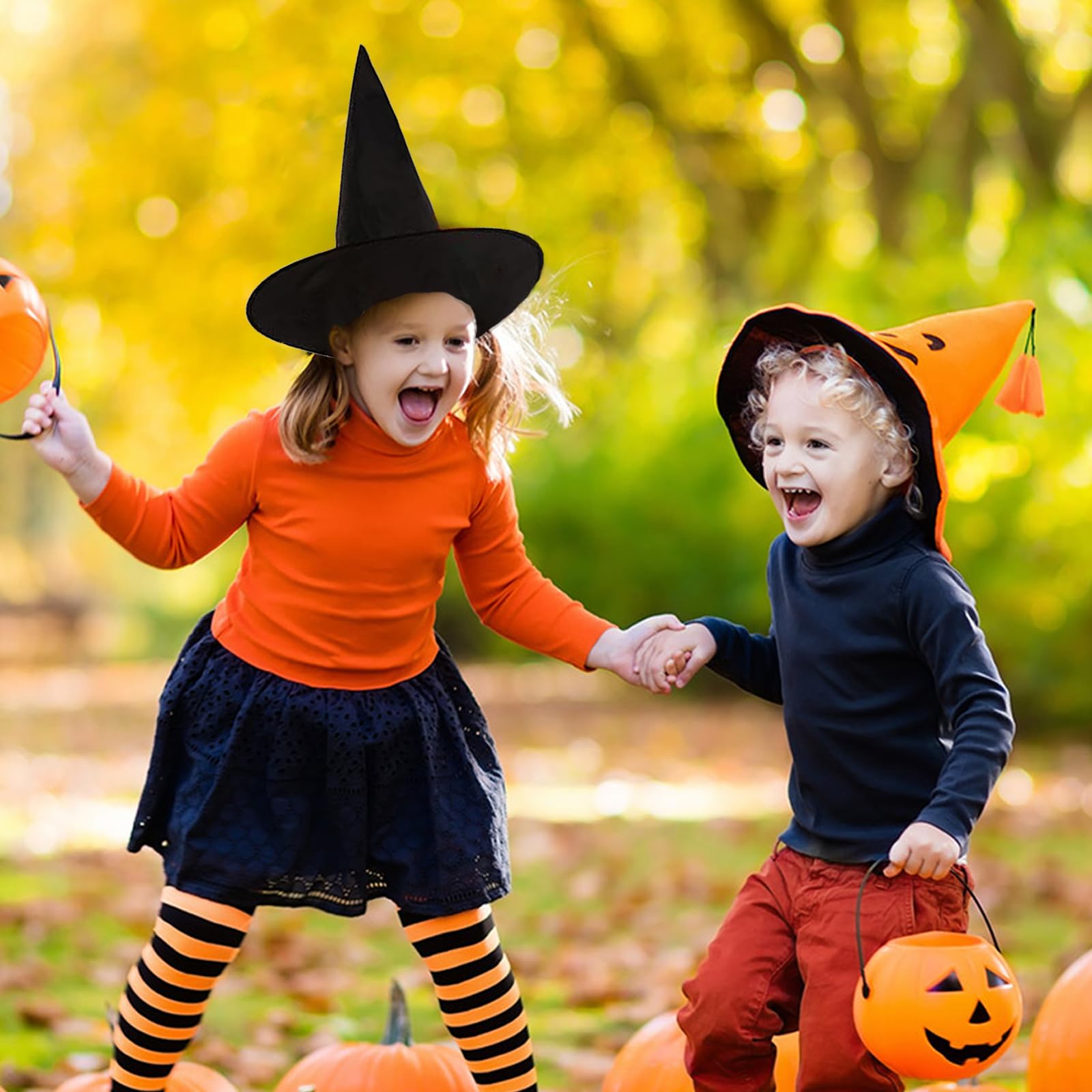 2 Pcs Chapeaux de Sorcière pour Fête d'Halloween, Accessoires de Costume, Chapeau de Sorcière pour Enfants, Chapeau de Sorcier Pliable pour Halloween, Réunions de Famille, Taille Unique (Noir)